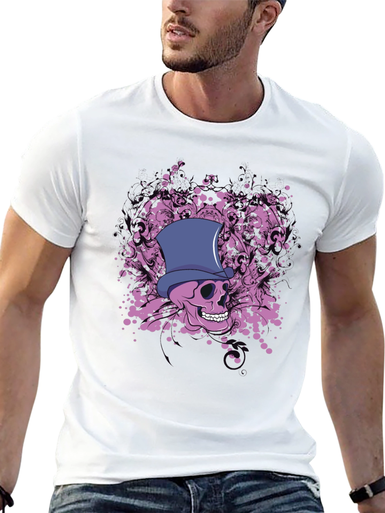 Black Skull & Top Hat Graphic Black T-Shirt view 13