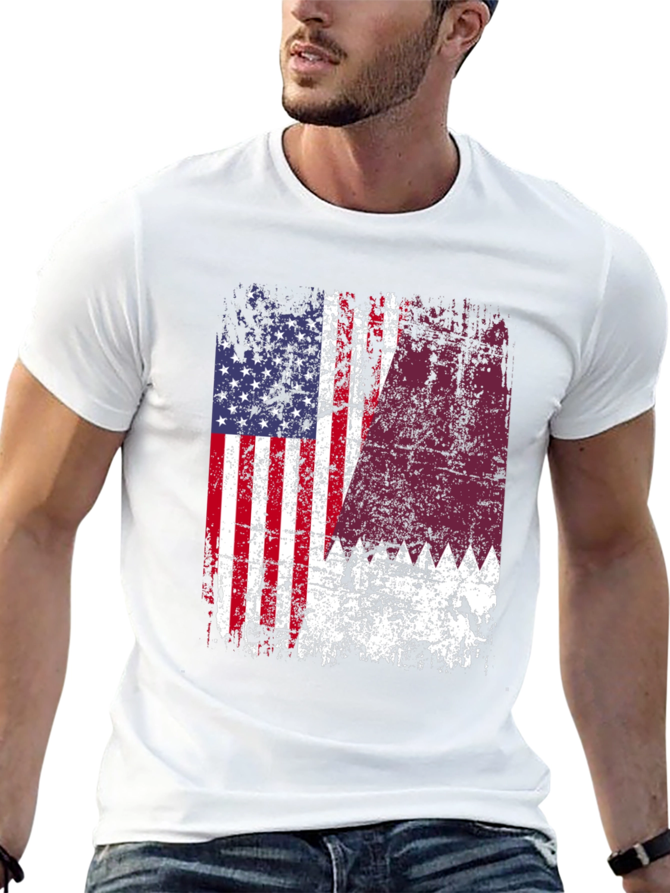 USA Qatar Flag Distressed T-Shirt - 13