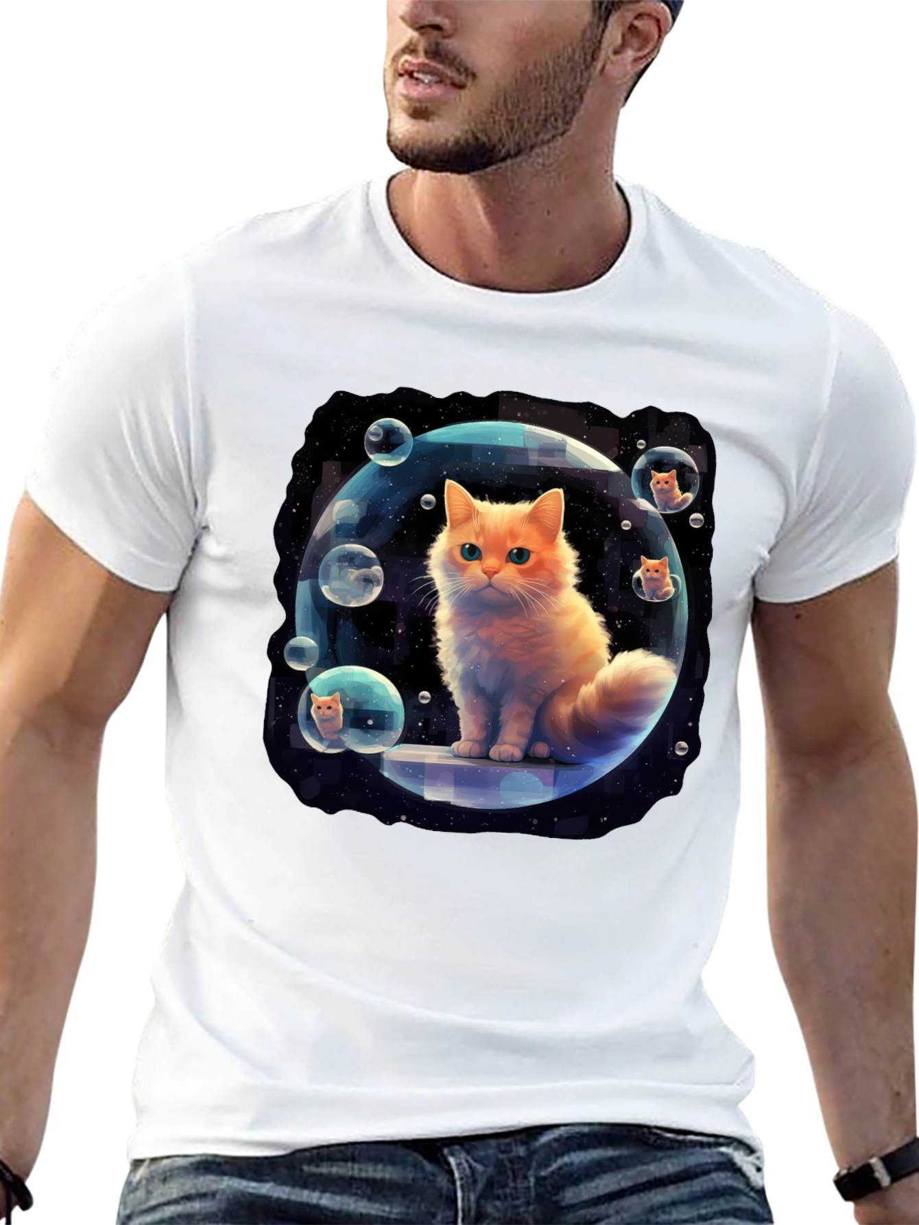 Black Cosmic Cat Bubble T-Shirt - Unique Graphic Tee view 13