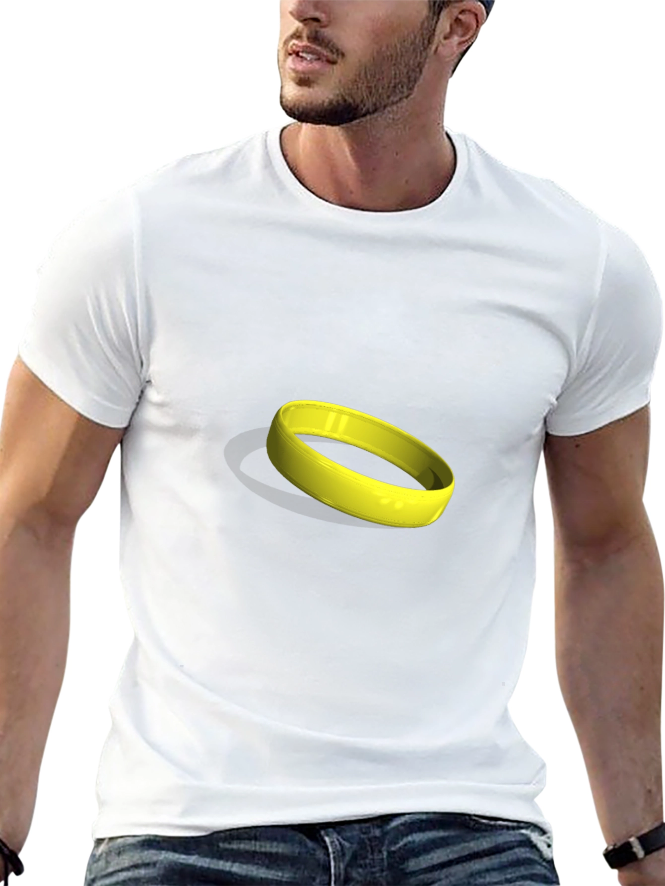 Black Men's Black T-Shirt with Yellow Ring Graphic view 13