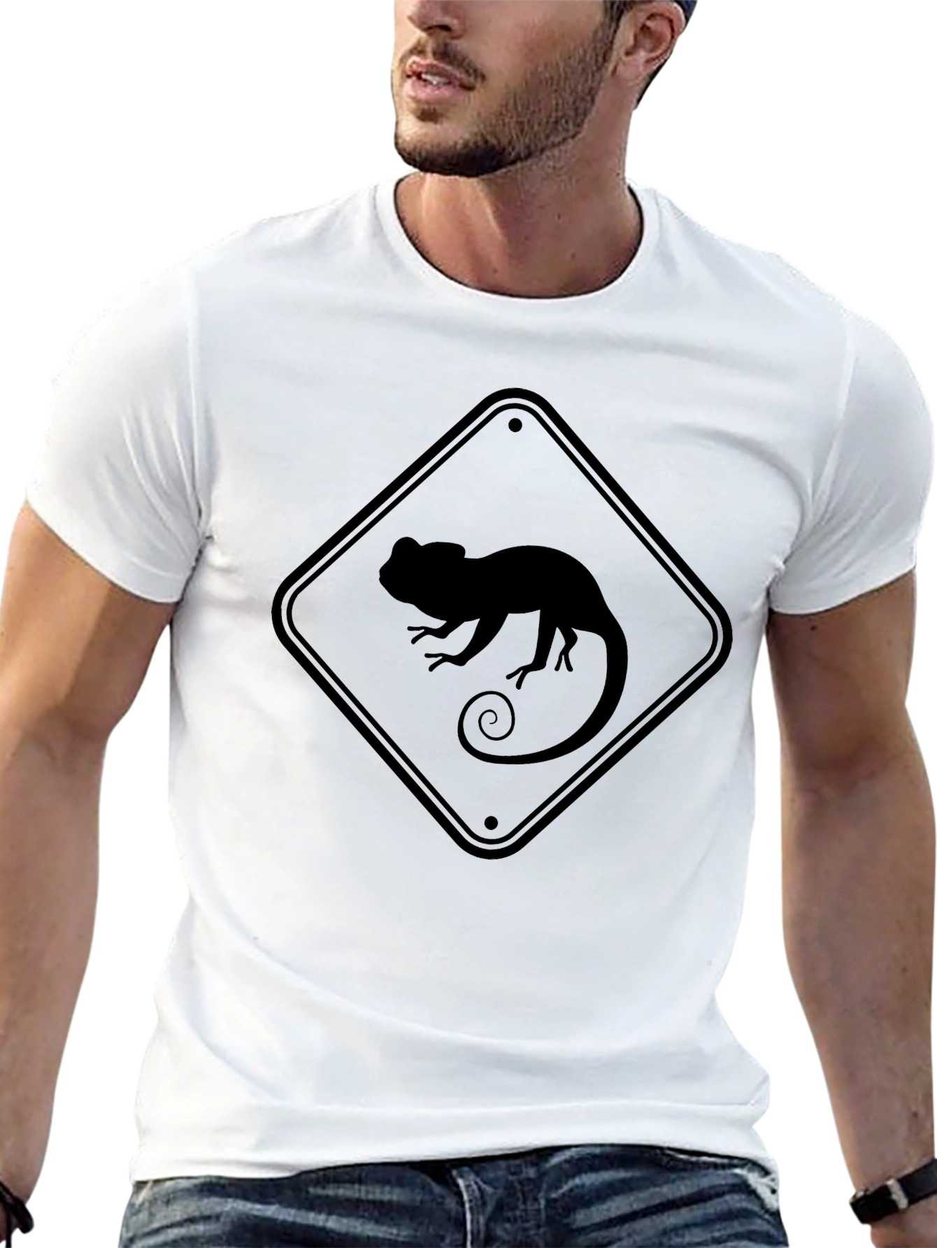Black Chameleon Crossing Men's Black T-Shirt view 13