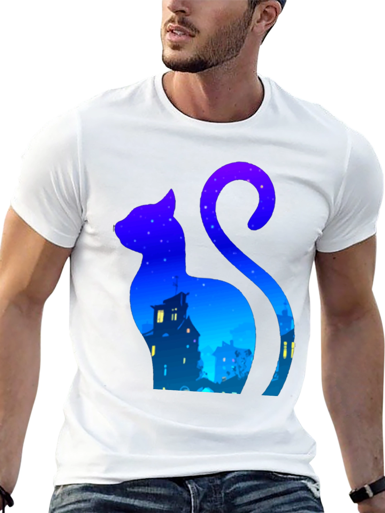 Black Cat Silhouette Night Sky T-Shirt - Urban Style view 13