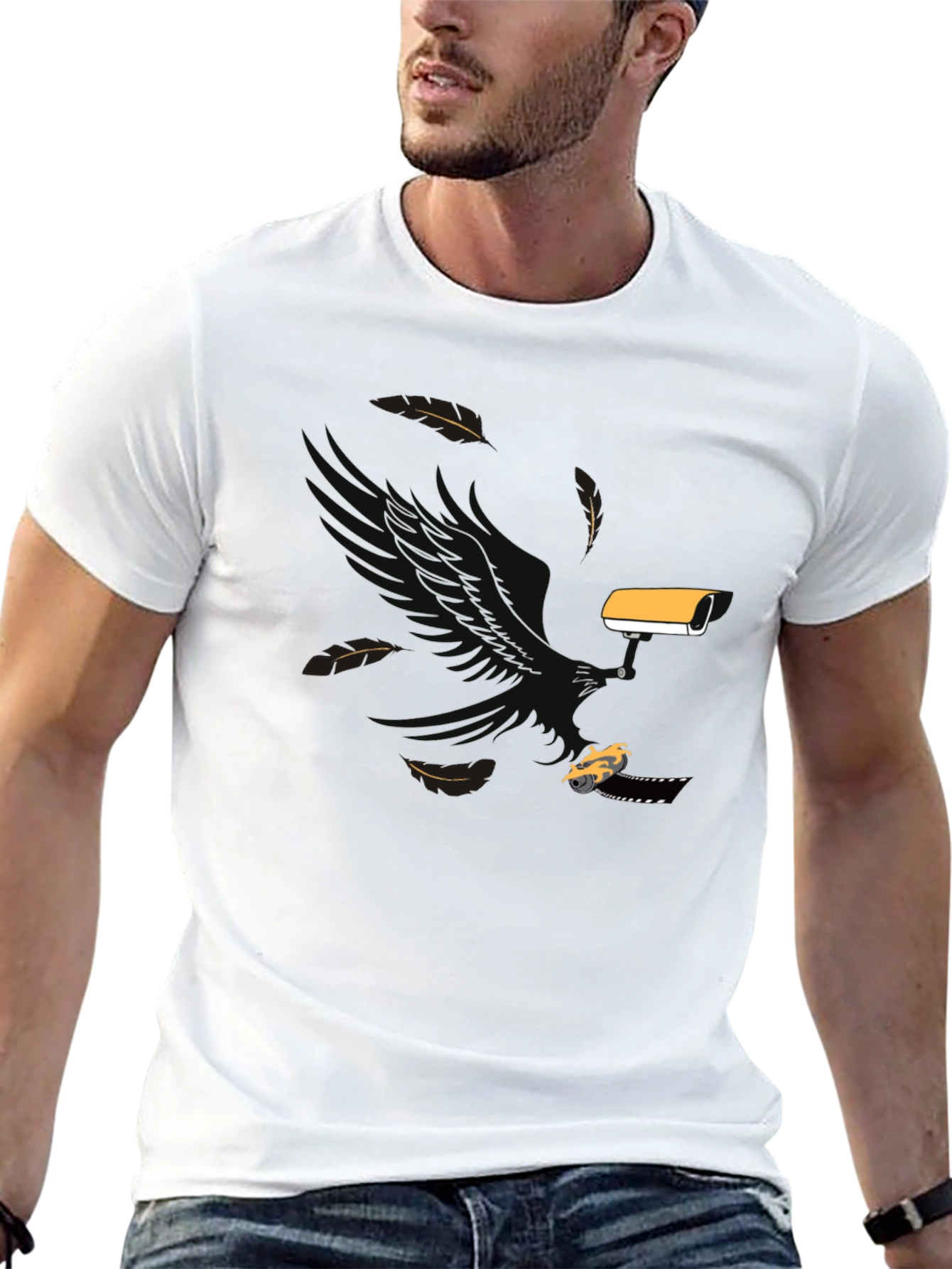 Black Surveillance T-Shirt: Eagle, Camera, & Car Graphic Tee view 13