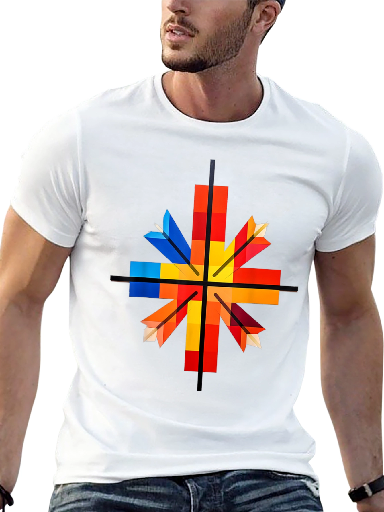 Black Geometric Arrow Graphic Tee - Colorful Square Design view 13