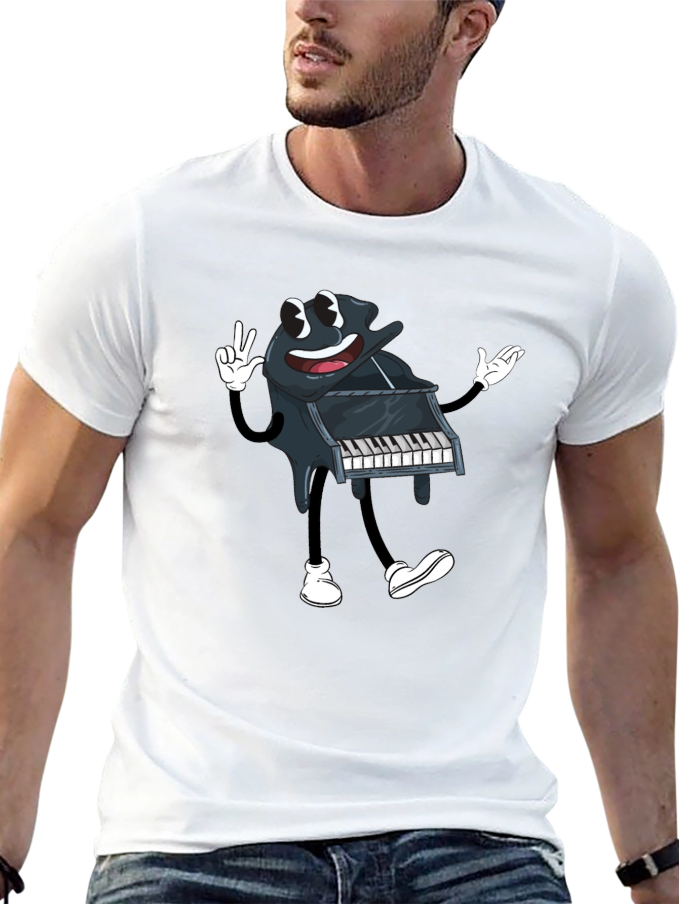 Black Cartoon Piano Graphic Tee - Black Cotton T-Shirt view 13