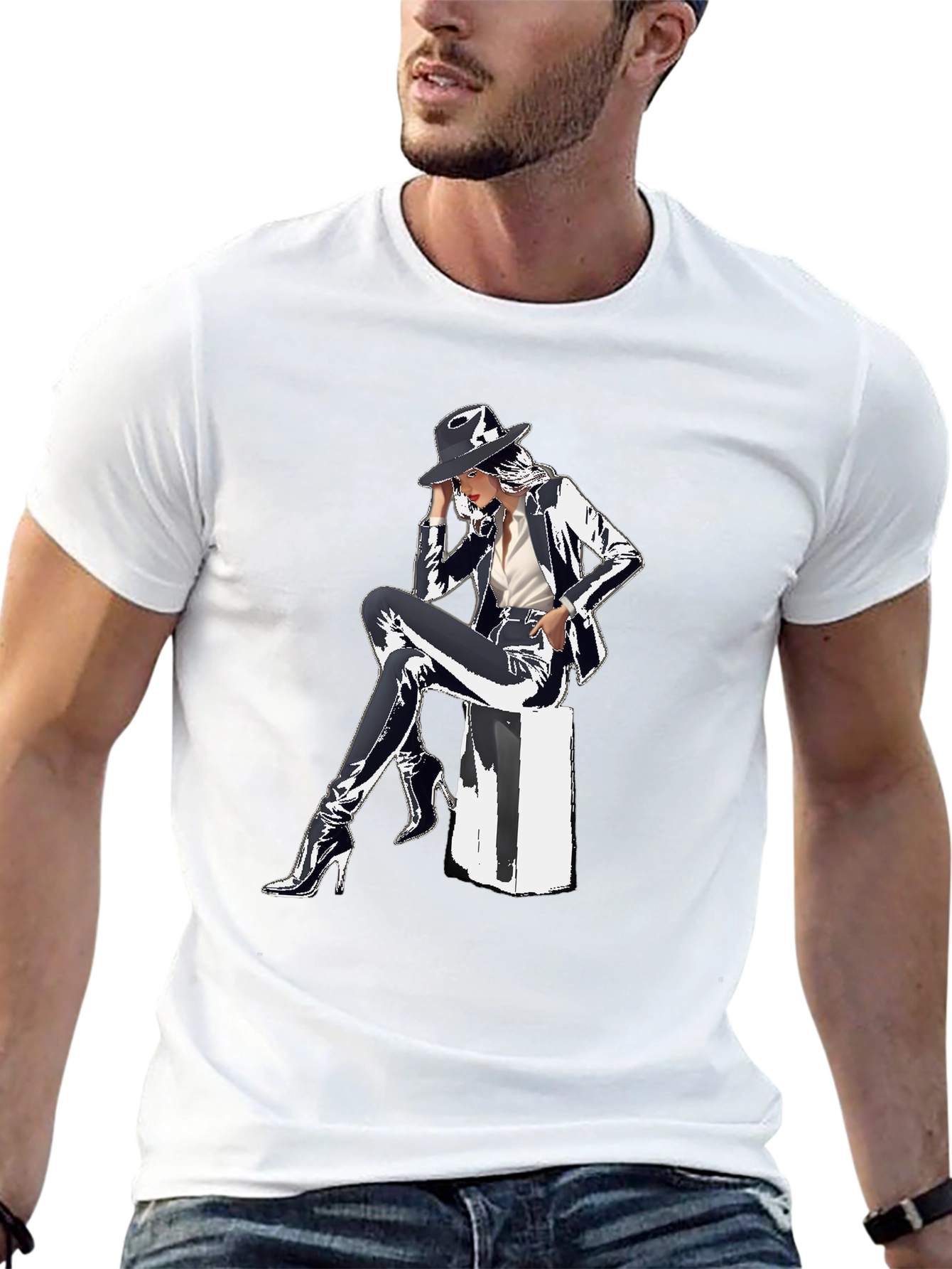 Black Sleek Graphic Tee - Woman in Shiny Suit view 13