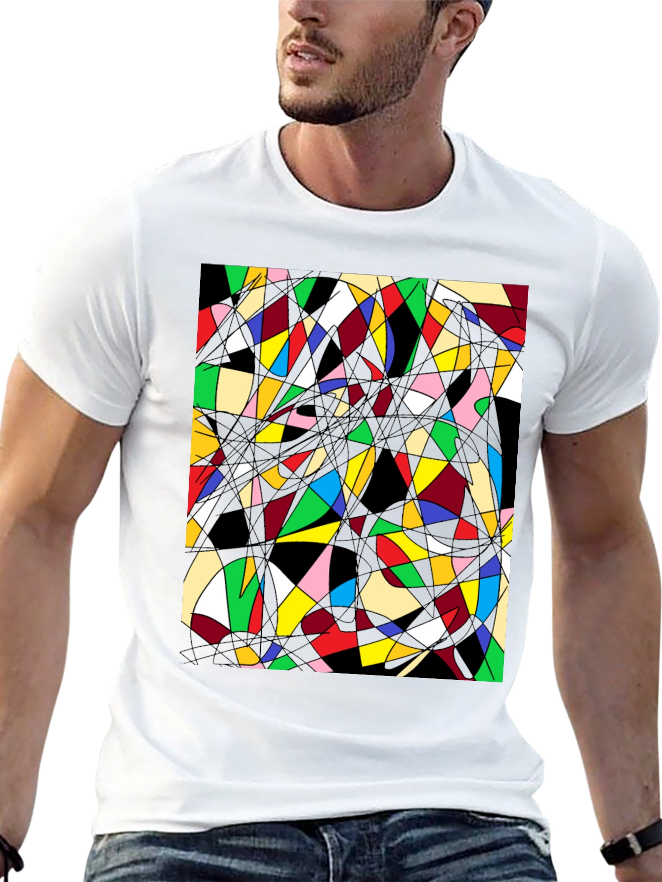 Black Abstract Geometric T-Shirt: Colorful Stained Glass Design view 13