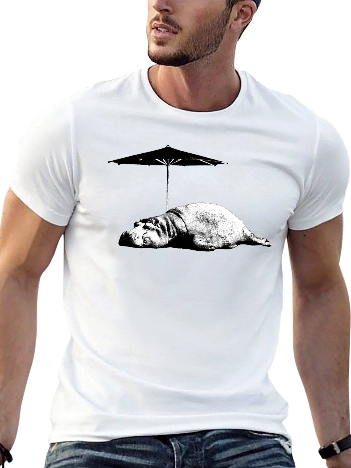 Black Hippo Under Umbrella Graphic Tee - Relaxed Summer Style view 13