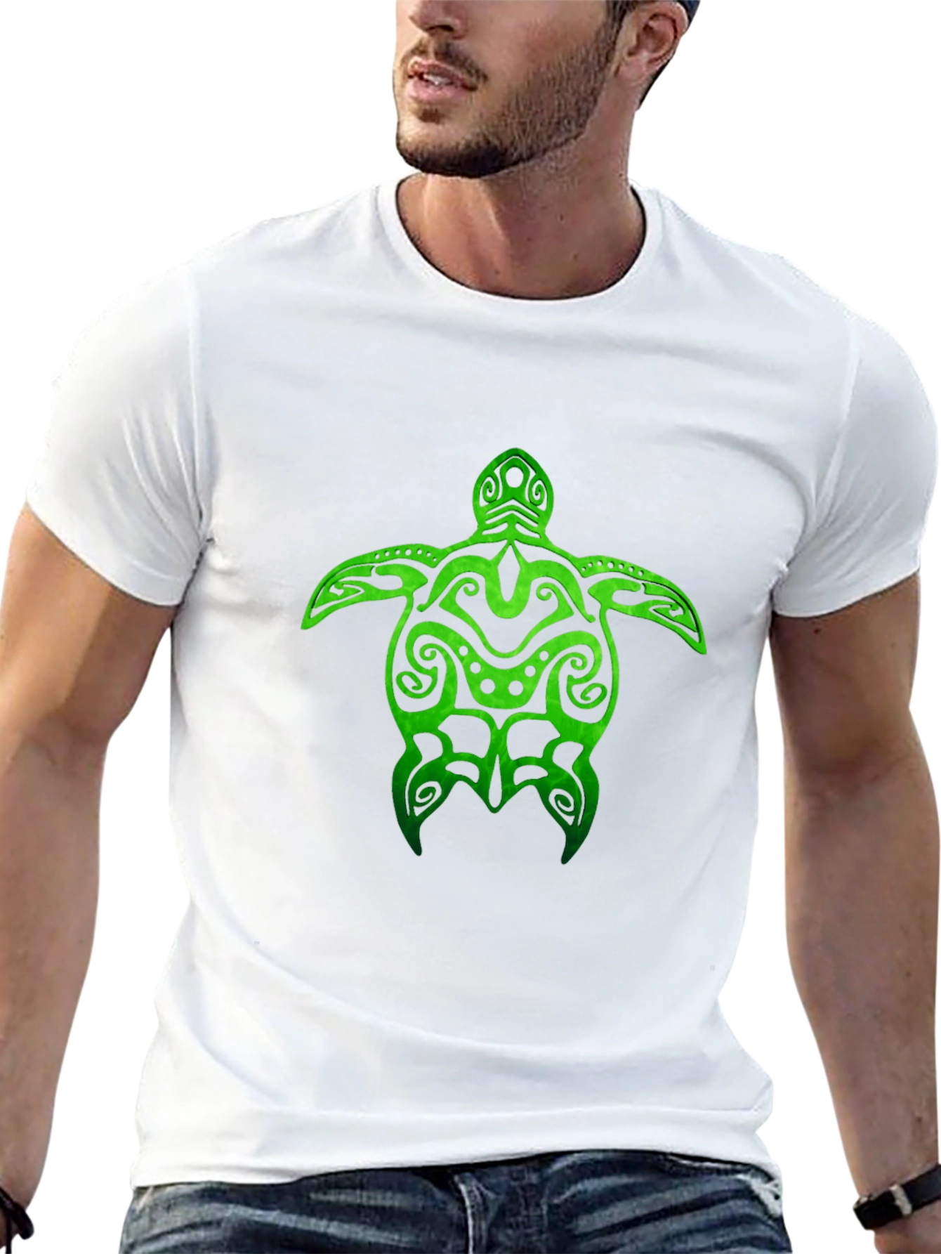 Black Green Turtle Tribal Design Black T-Shirt view 13