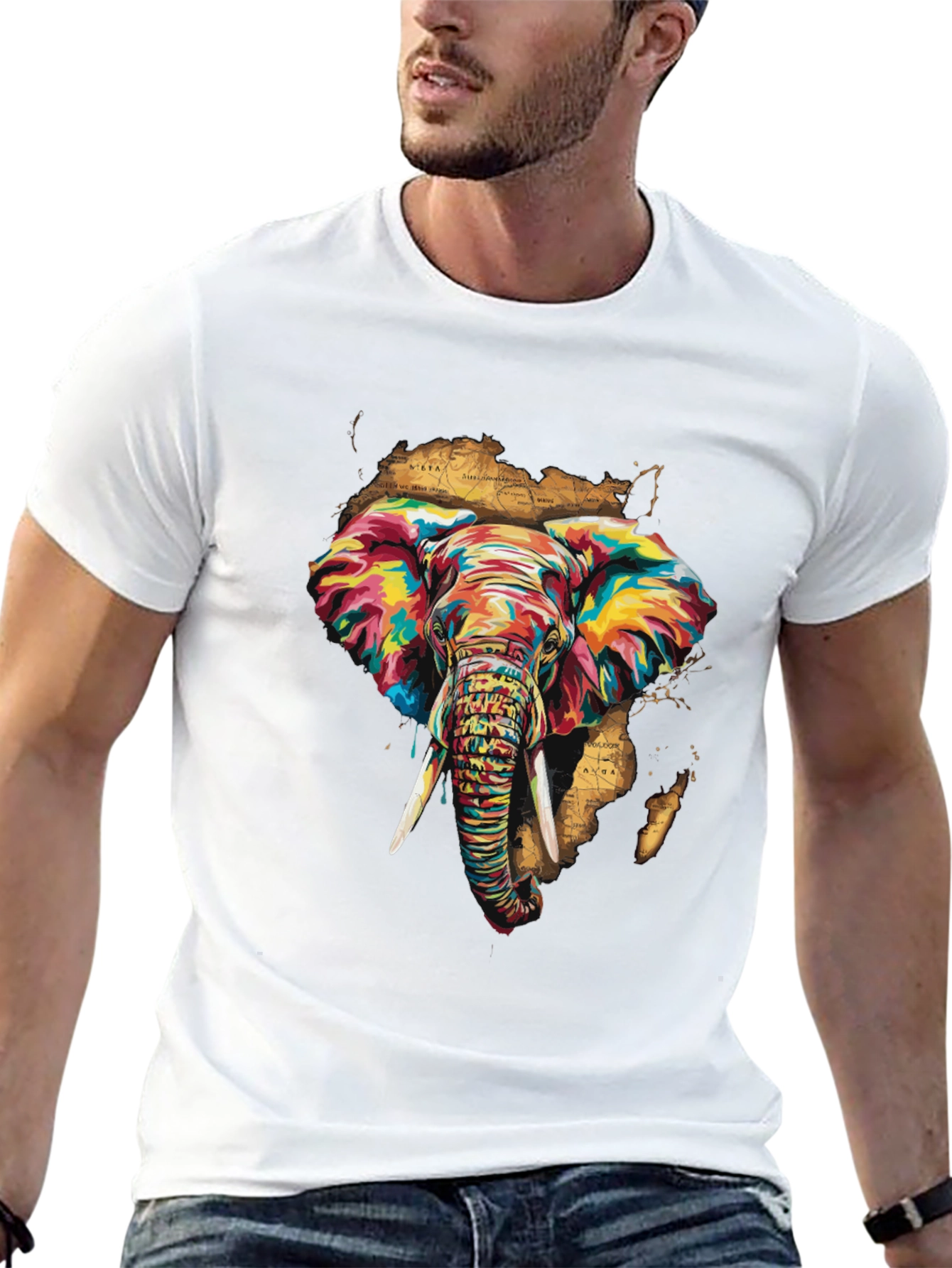 Black Vibrant Elephant Print Men's Black T-Shirt view 13