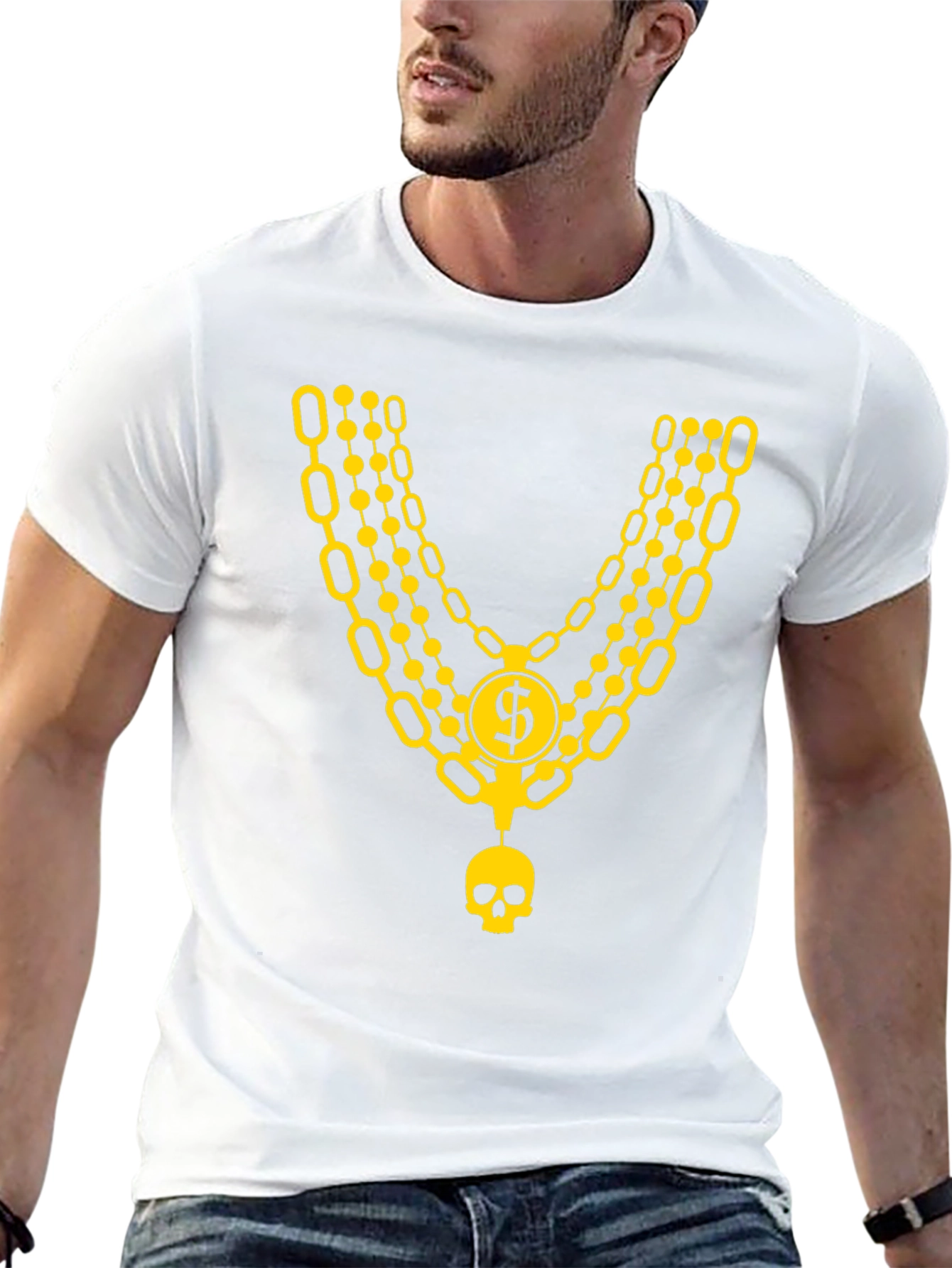 Black Men's Black T-Shirt with Gold Chain and Skull Design view 13