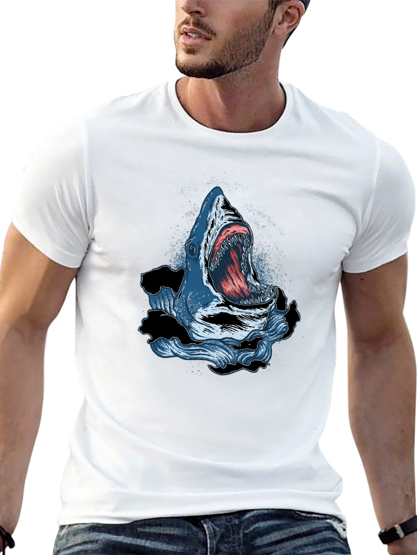 Black Shark Attack Graphic Print Crew Neck T-Shirt view 13