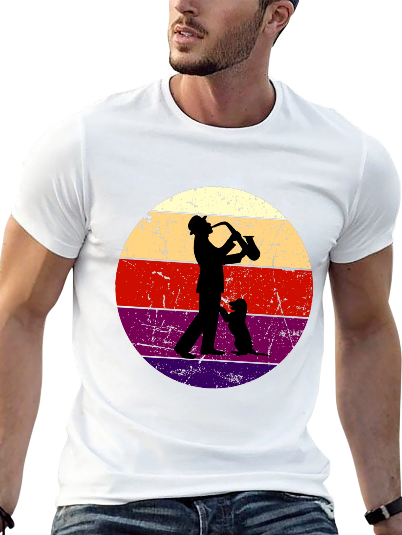 Black Saxophone Player & Dog Retro Graphic Tee view 13