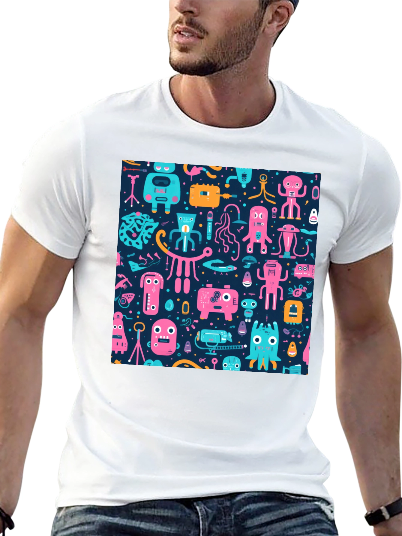 Black Funky Retro Robot Pattern T-Shirt view 13