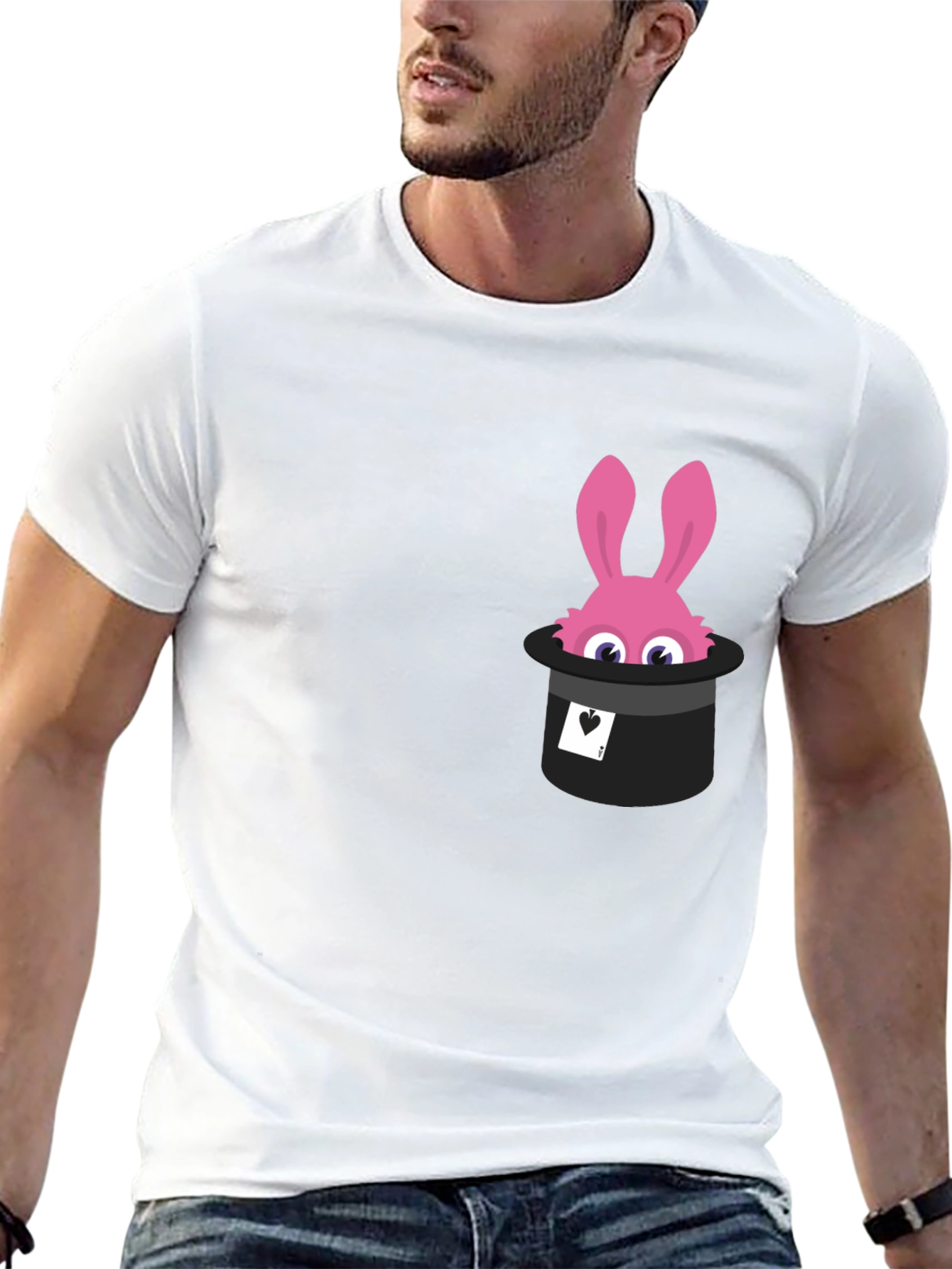 Black Magical Rabbit in Hat Graphic Tee - Black Cotton T-Shirt view 13
