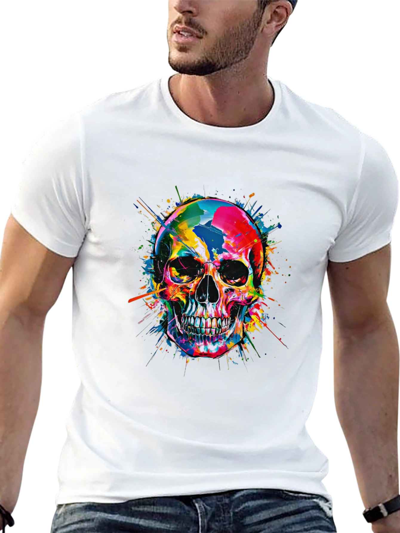 Black Colorful Skull Graphic Print Black T-Shirt view 13