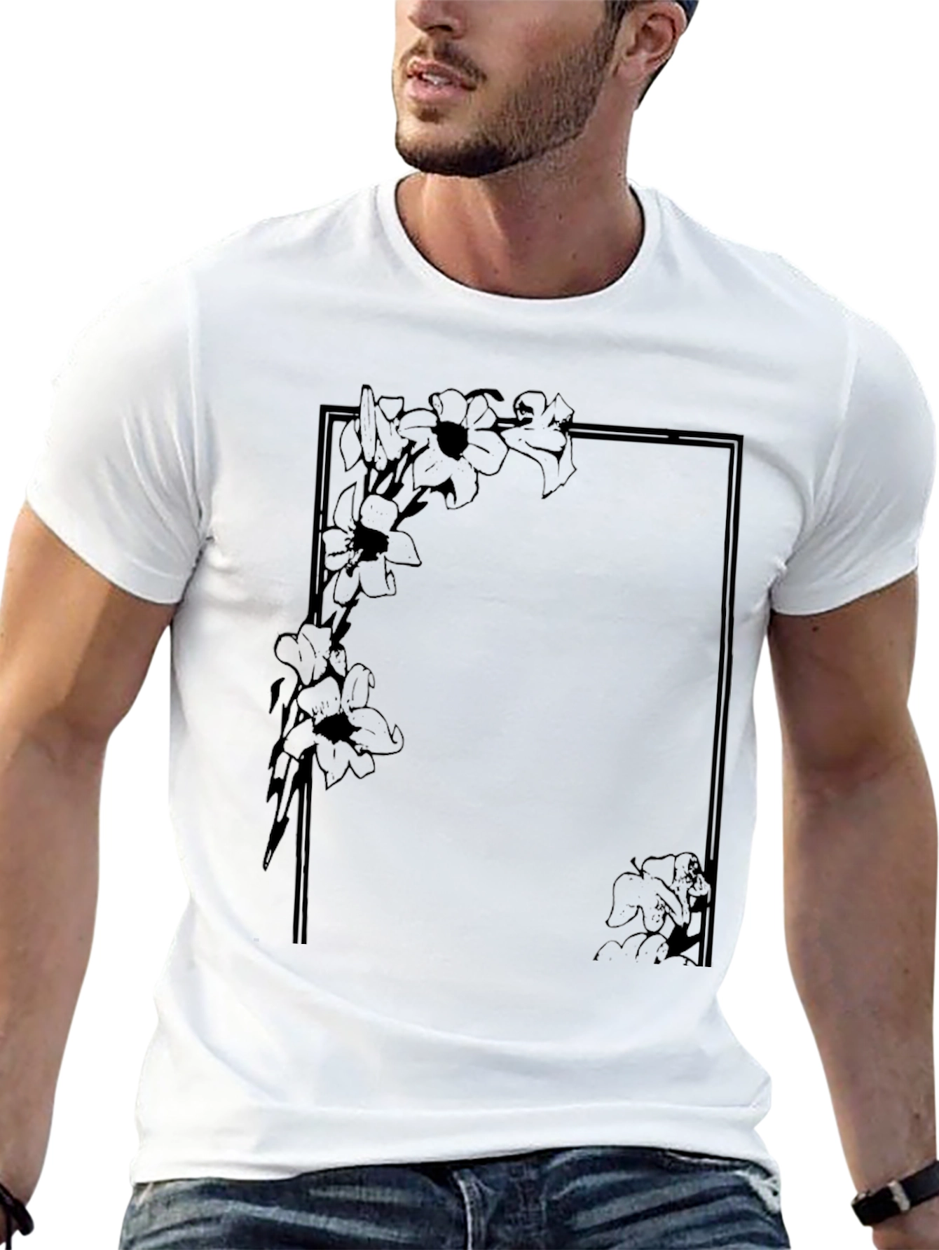 Black Floral Frame Graphic Tee - Stylish Everyday Wear view 13