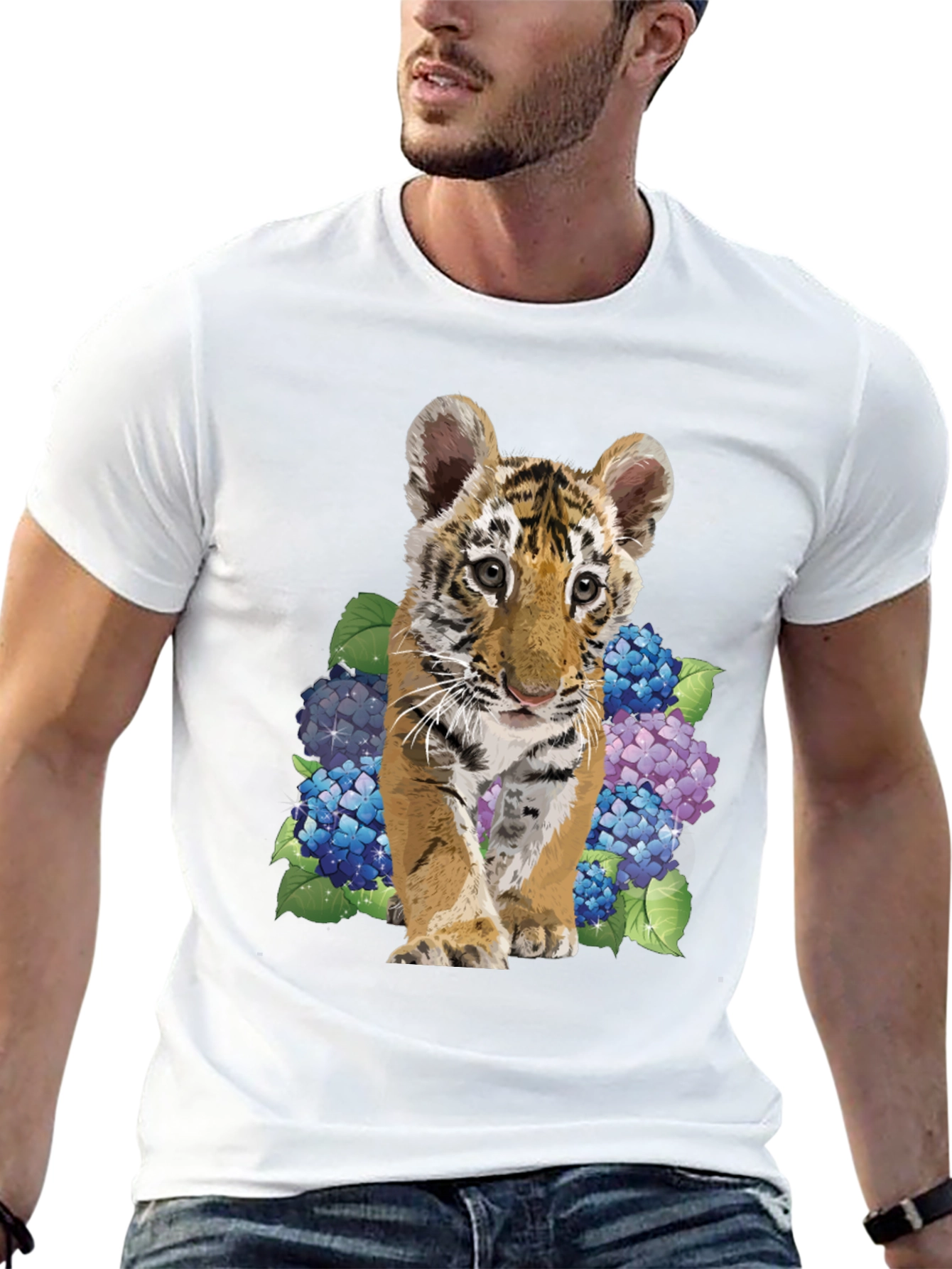 Black Tiger Cub & Hydrangea Graphic Tee - Soft Black Cotton Blend view 13