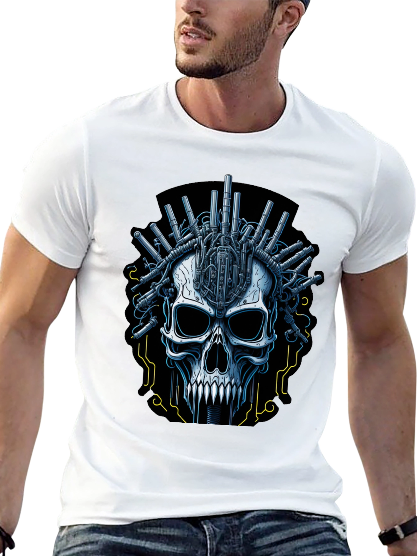 Black Cyberpunk Skull Graphic T-Shirt view 13