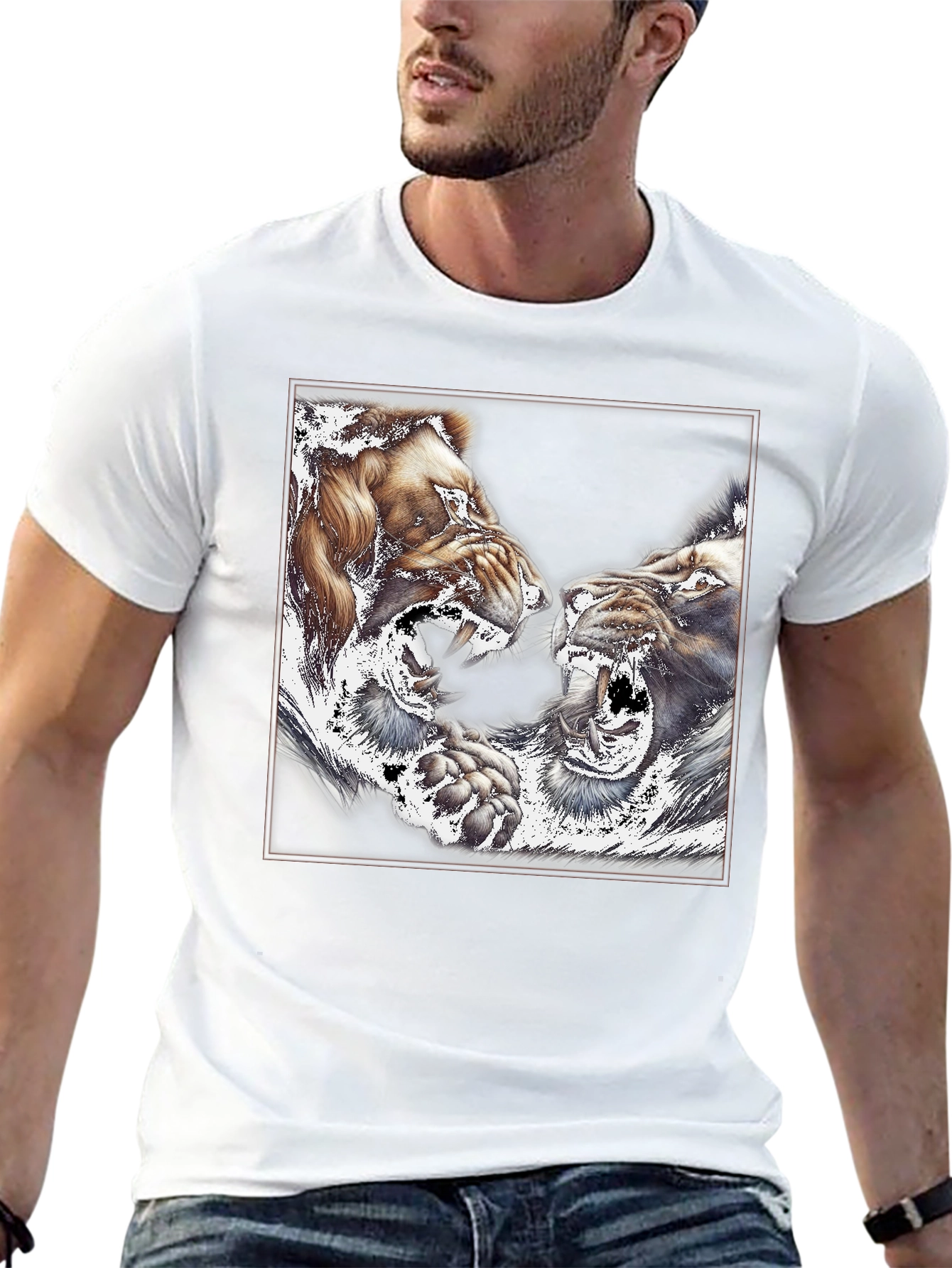 Black Roaring Lions Graphic Print Black T-Shirt view 13