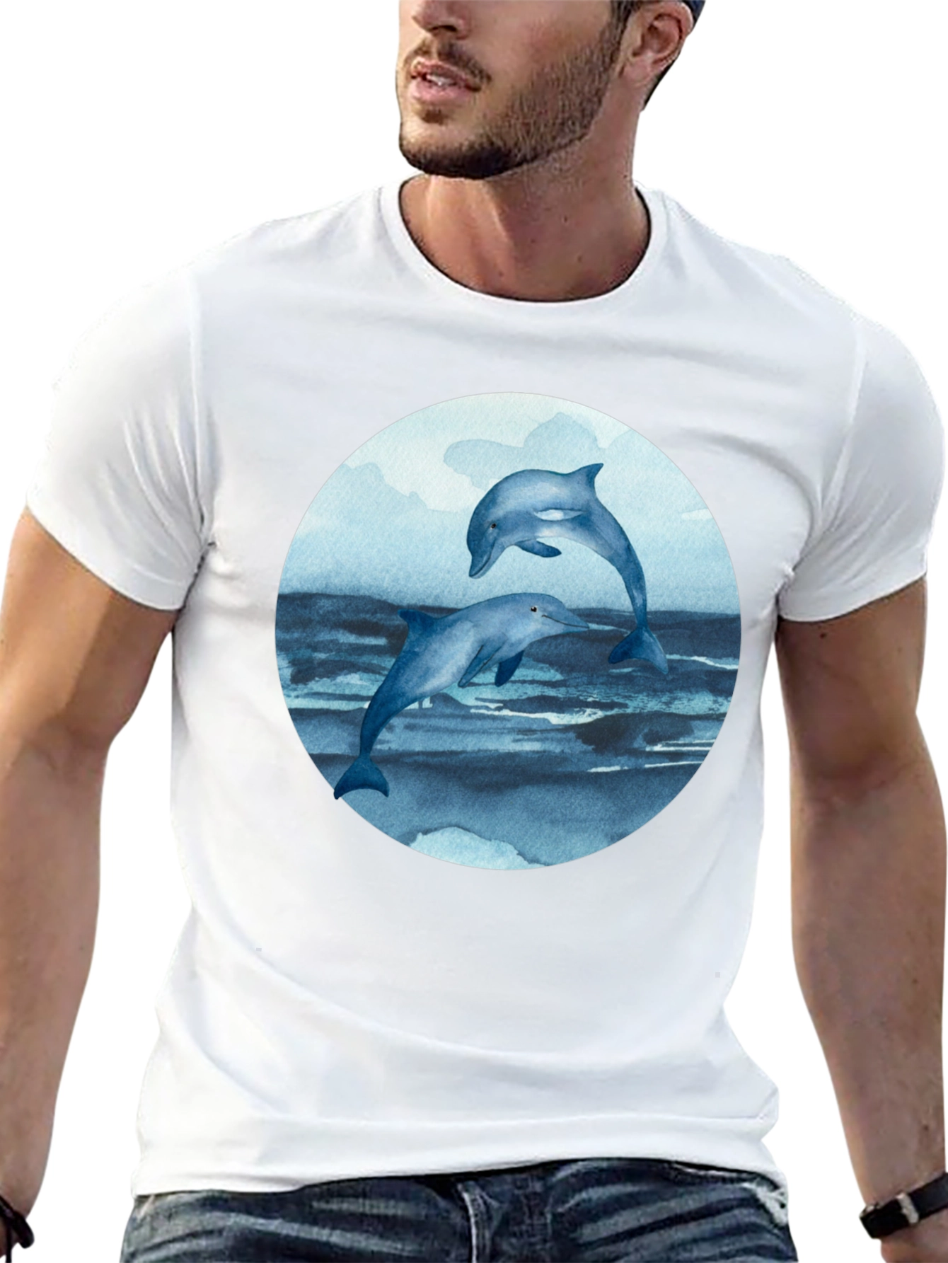 Black Dolphin T-Shirt - Round Print - Marine Life Tee view 13