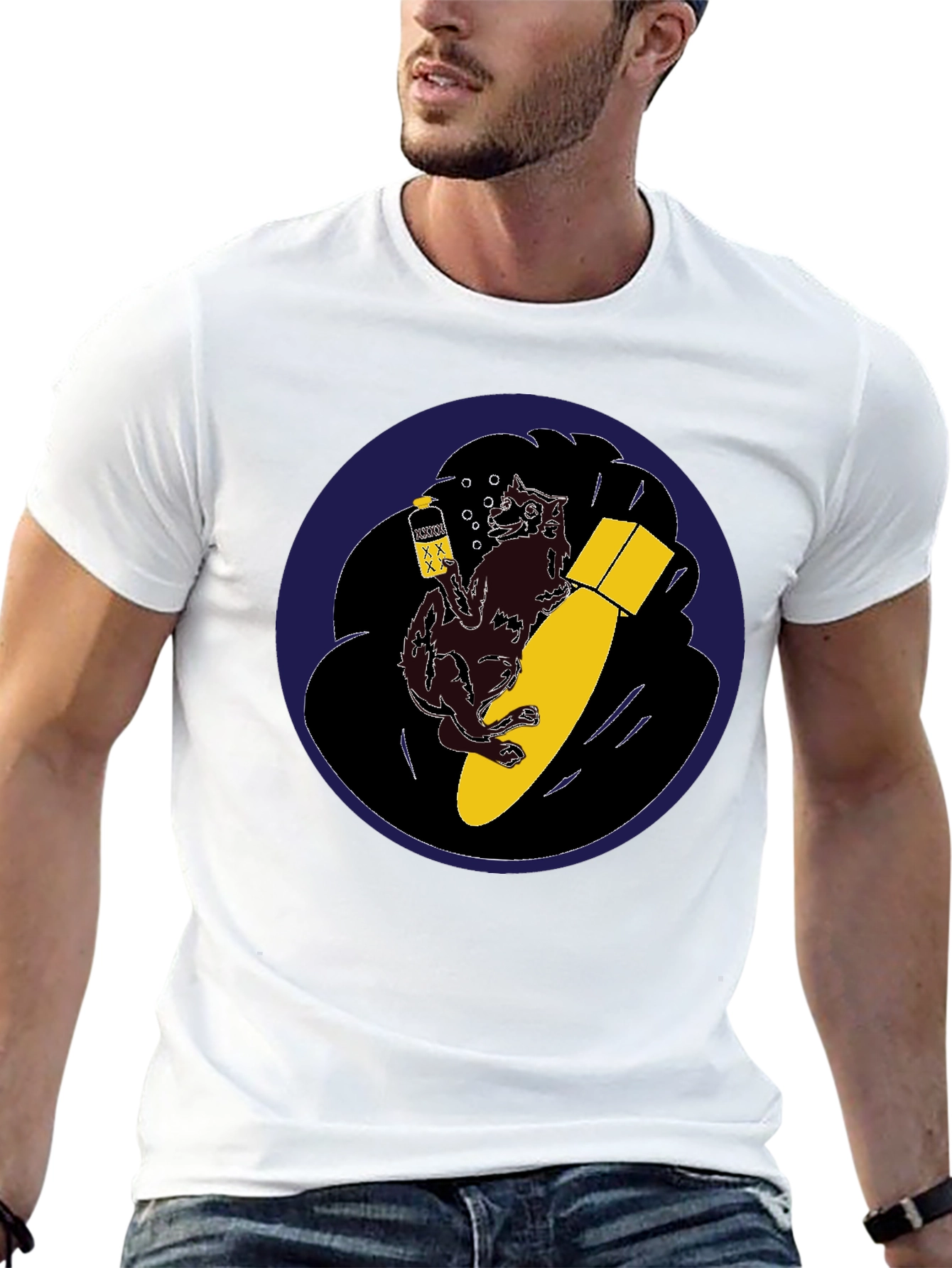 Black Novelty Graphic Tee - Wolf Bomb Design Black T-Shirt view 13