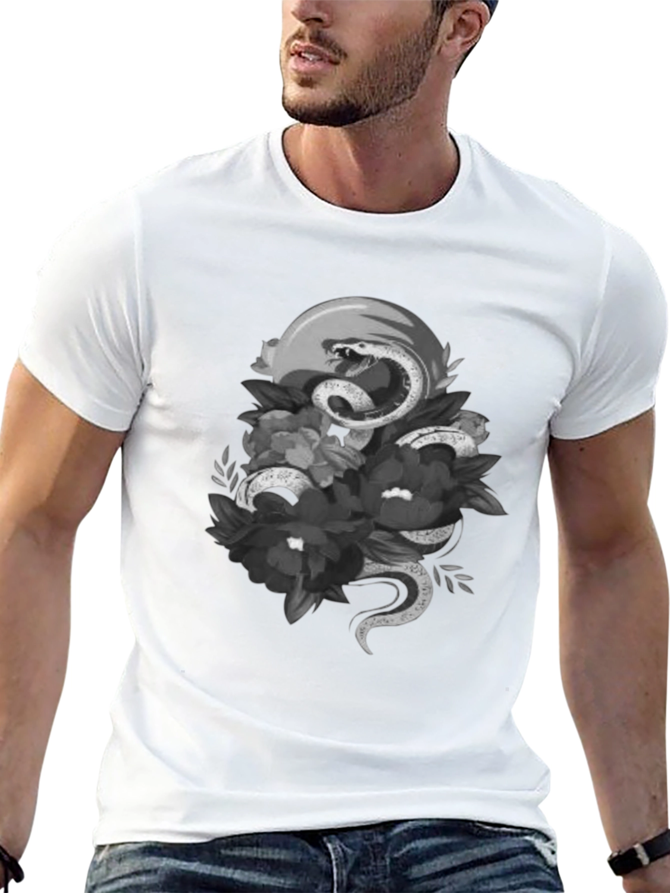 Black Snake & Floral Graphic Tee - Unique Design view 13