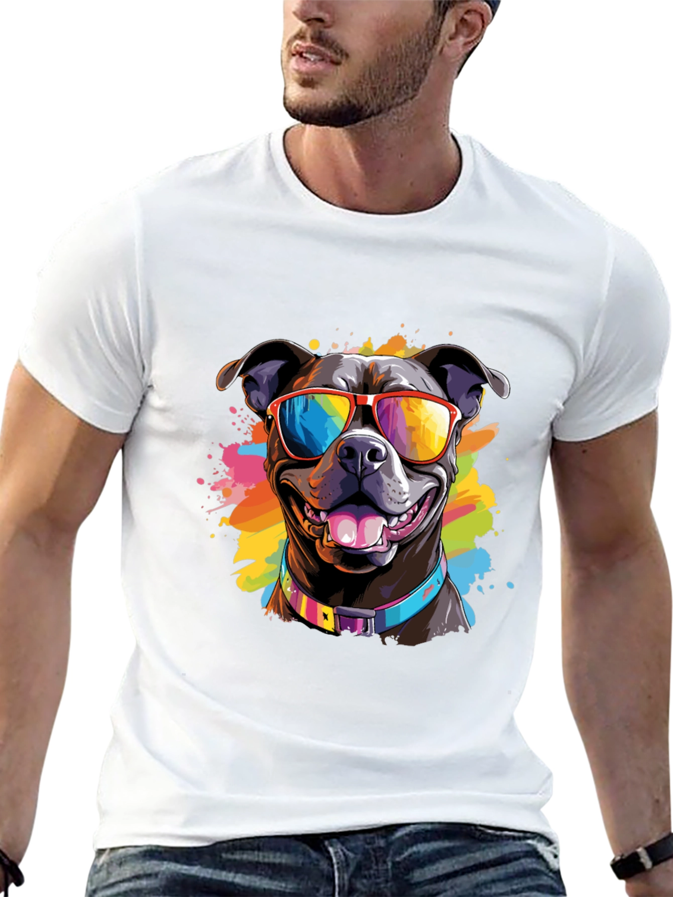 Black Cool Dog T-Shirt - Colorful Pitbull Sunglasses Tee view 13