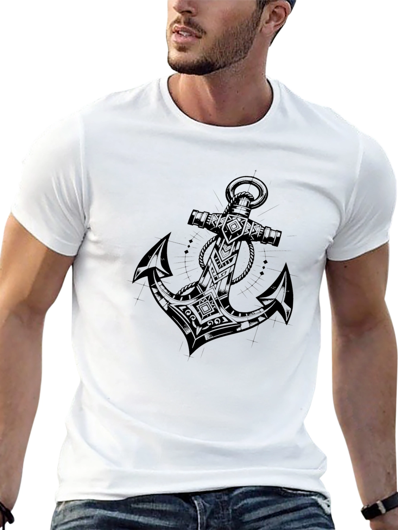 Black Men's Black T-Shirt with Anchor Graphic view 13