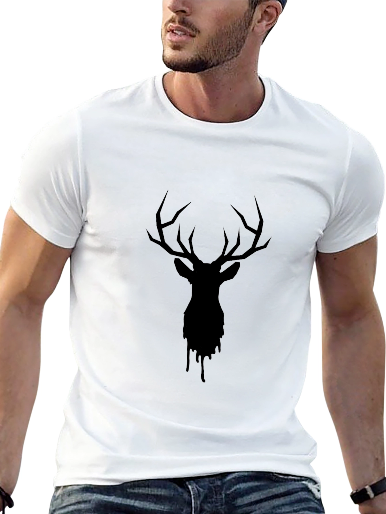 Black Men's Black Deer Head Graphic Print Crew Neck T-Shirt view 13