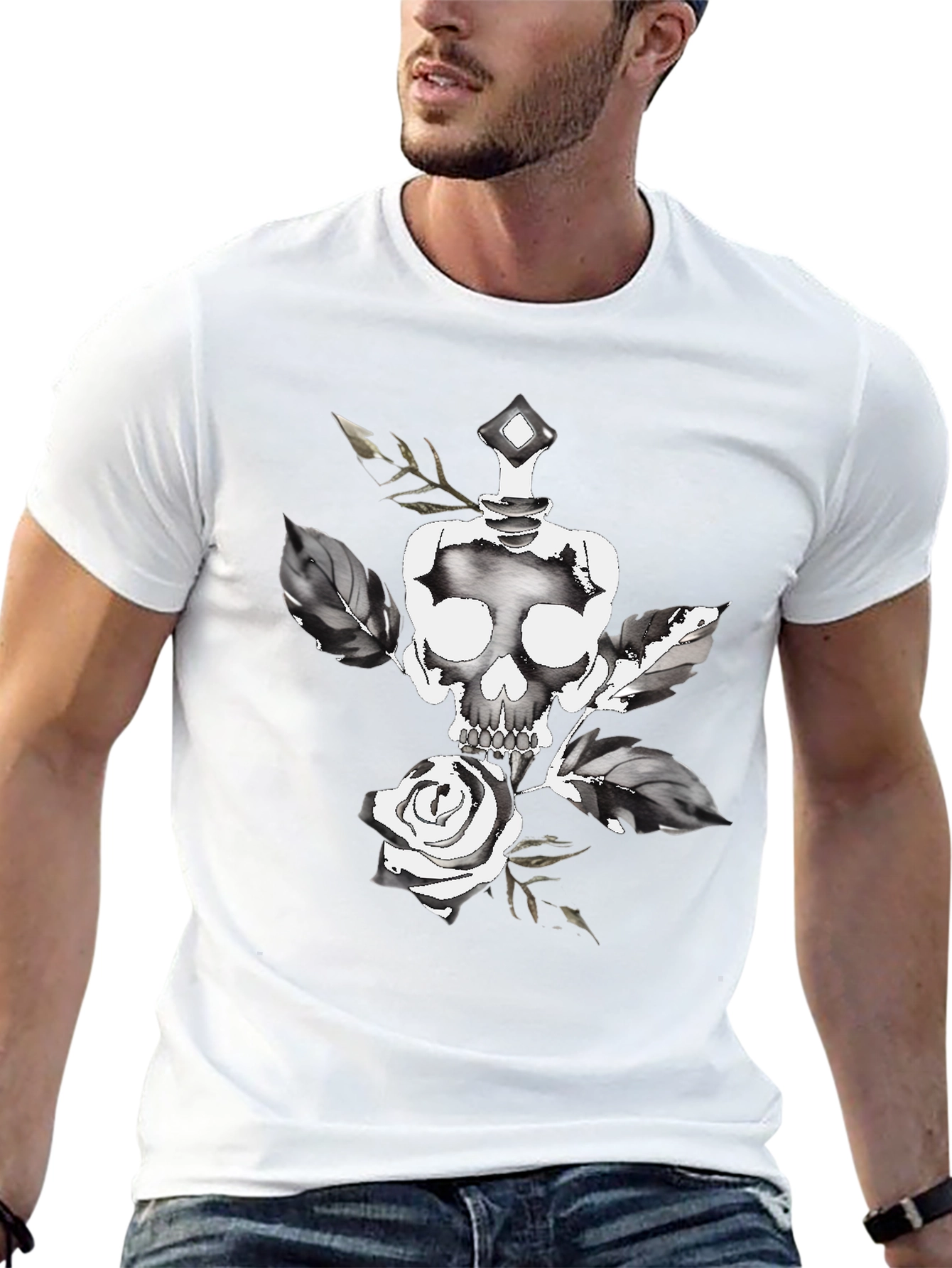 Black Skull & Rose Graphic Tee - Stylish Black Cotton T-Shirt view 13