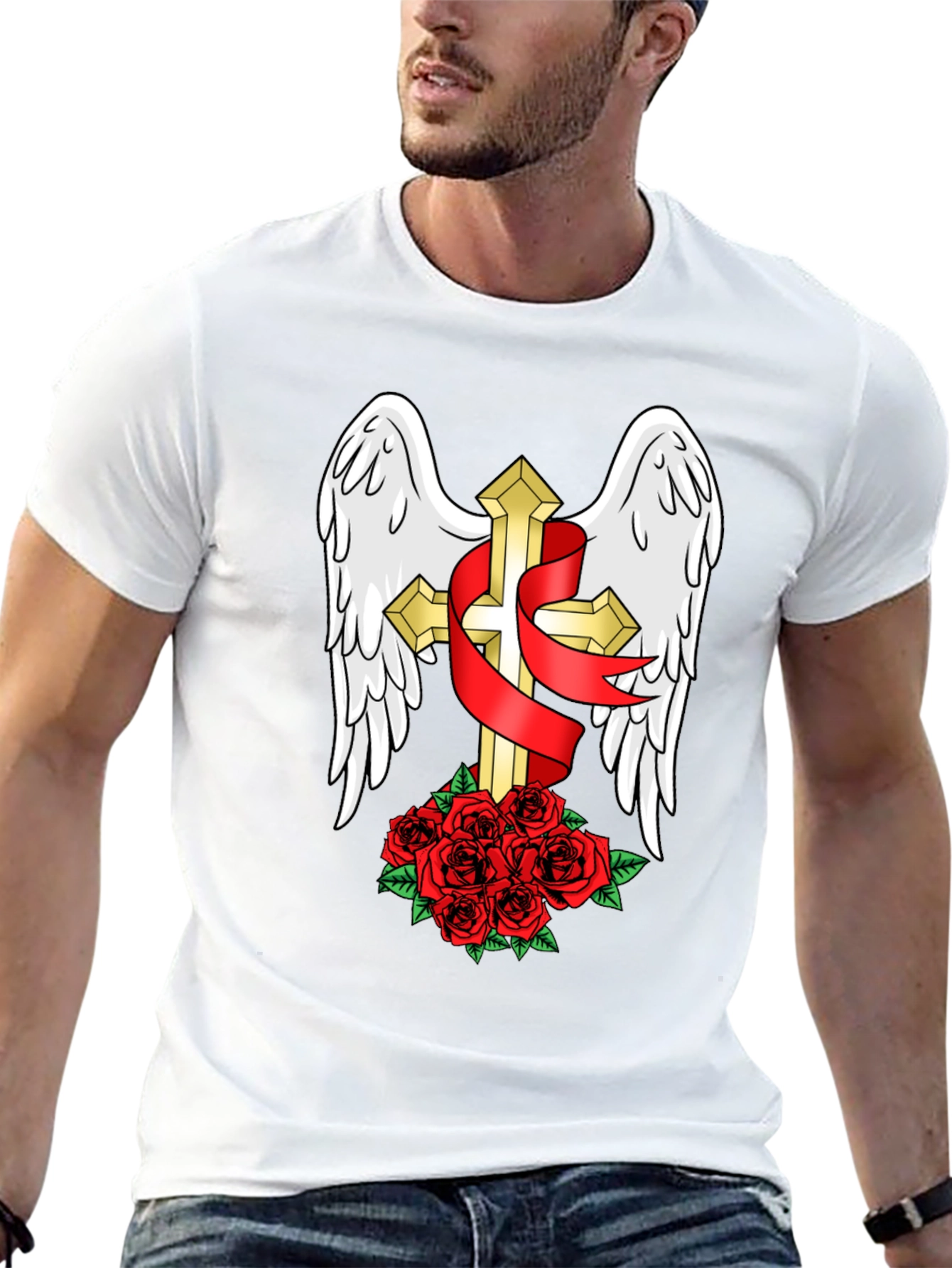 Black Winged Cross & Roses T-Shirt - Stylish Graphic Tee view 13