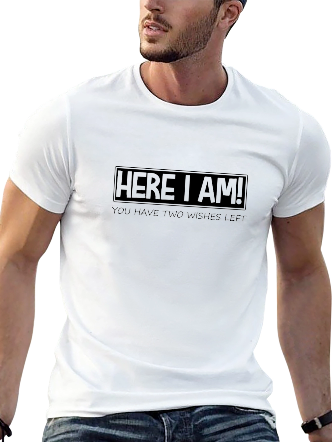 Black Here I Am! Two Wishes Left Graphic Black T-Shirt view 13