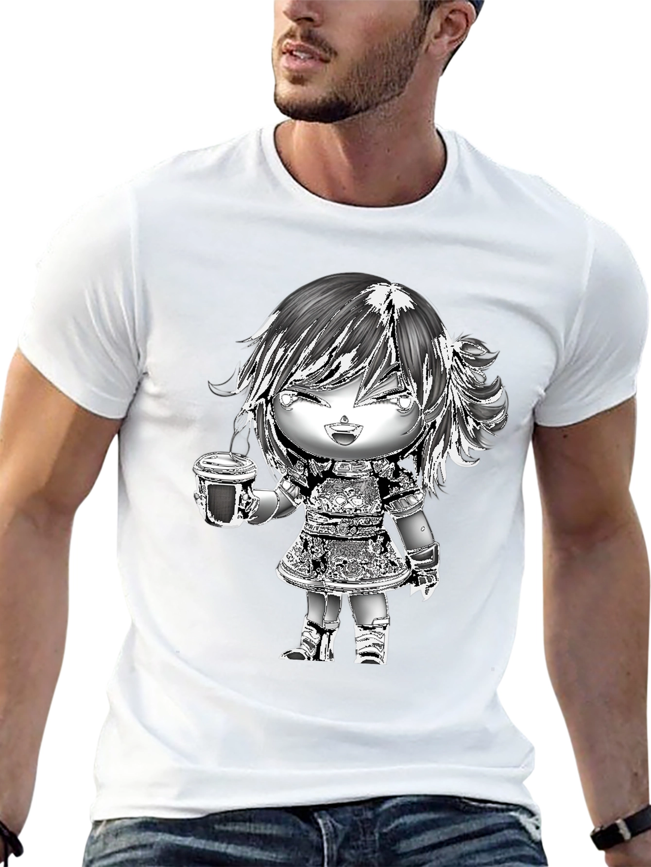 Black Anime Girl Coffee T-Shirt - Black Cotton Tee view 13