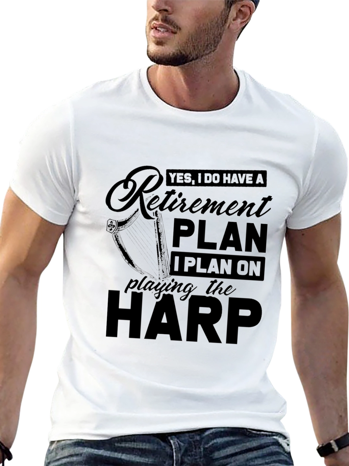 Black Retirement Plan Harp Player Black T-Shirt view 13