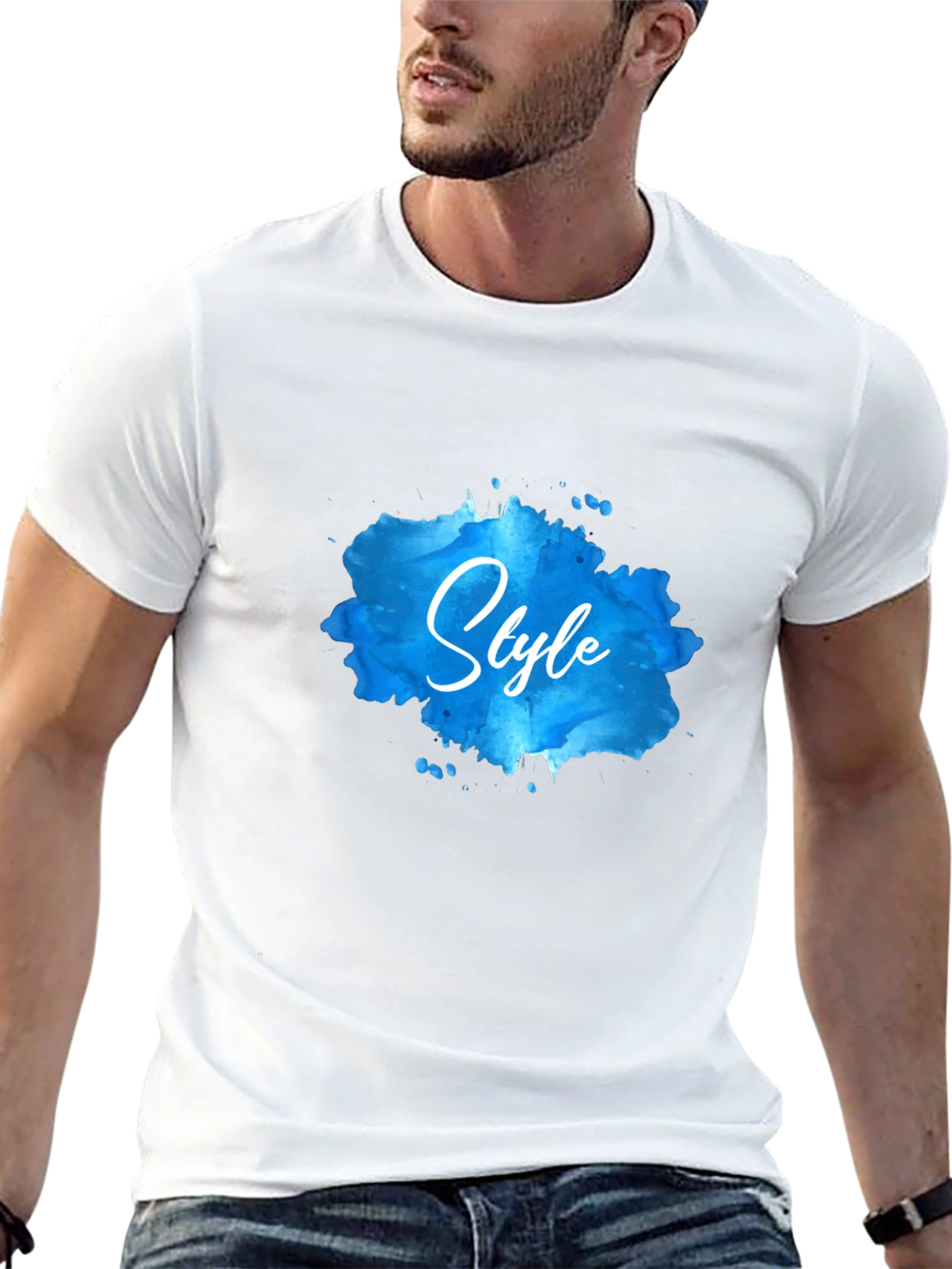 Stylish Black T-Shirt with Blue Watercolor Style Print - 13