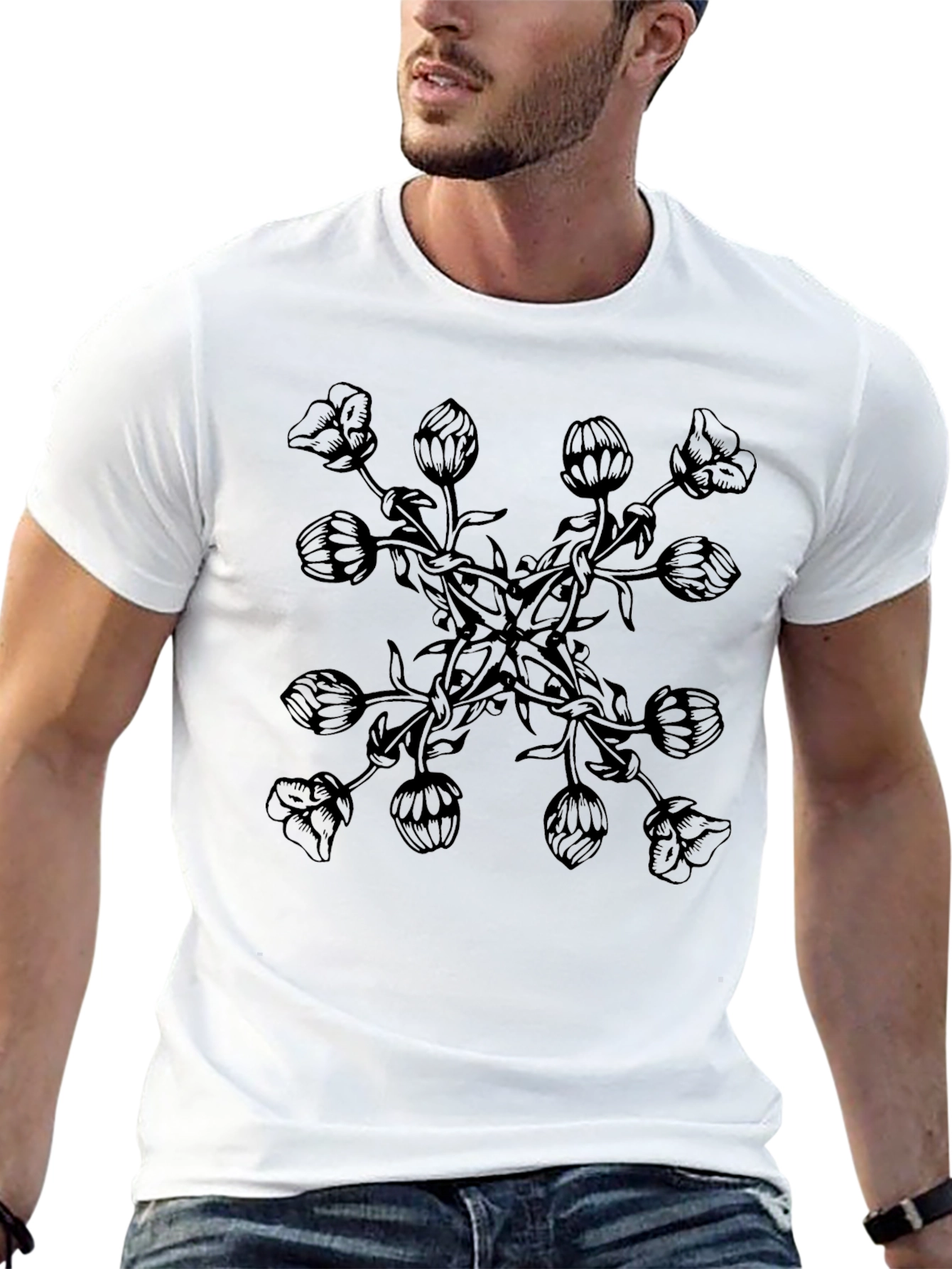 Black Floral Mandala T-Shirt - Elegant Black Graphic Tee view 13
