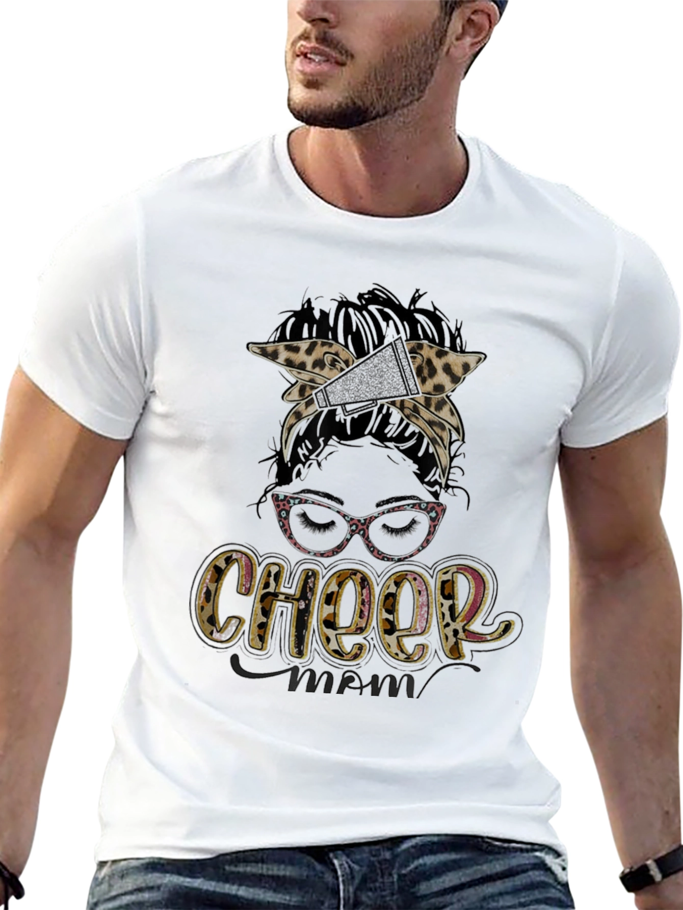 Cheer Mom Messy Bun Leopard Print T-Shirt - 13