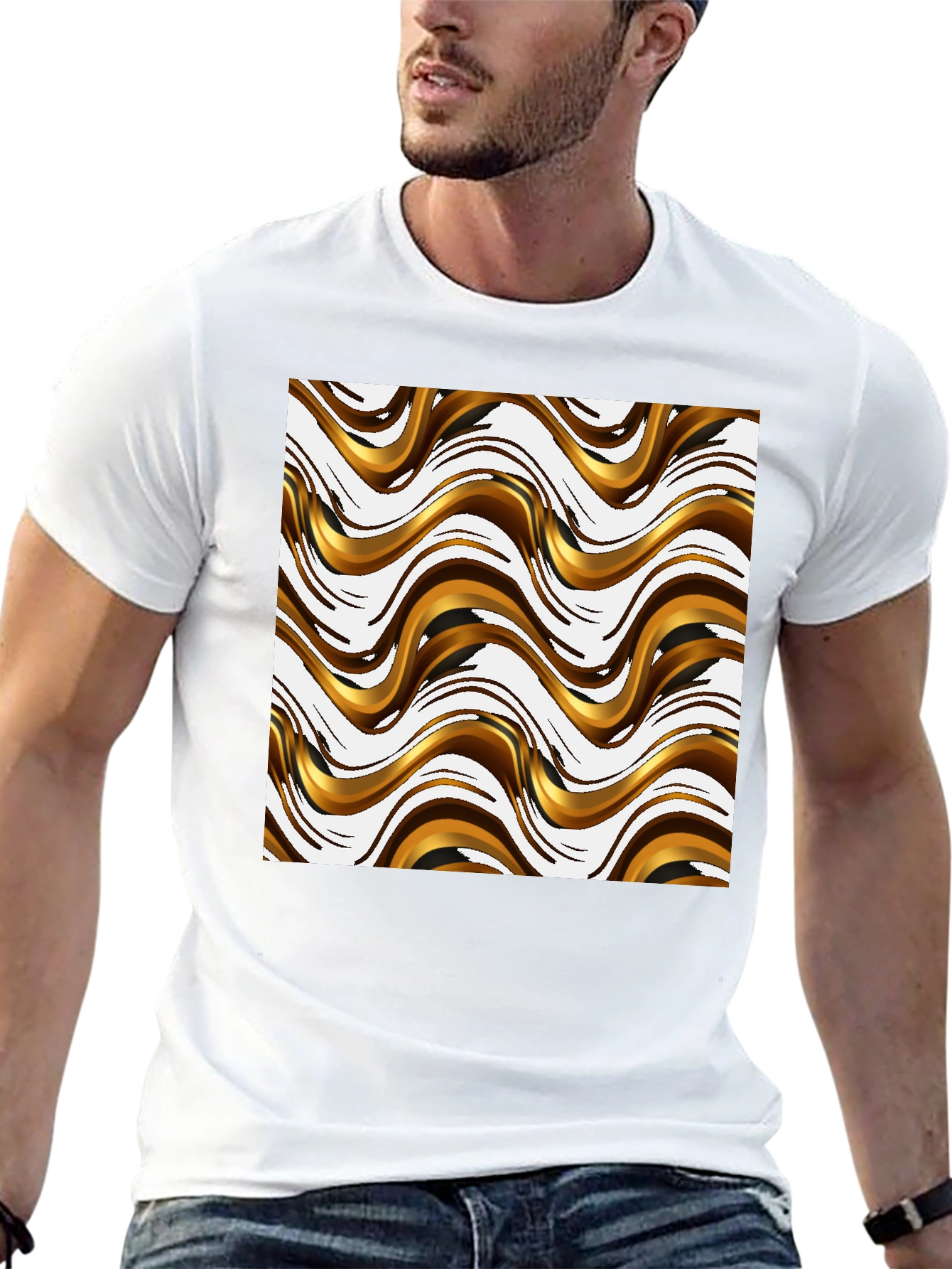 Black Stylish Black Tee with Abstract Gold Wave Design view 13