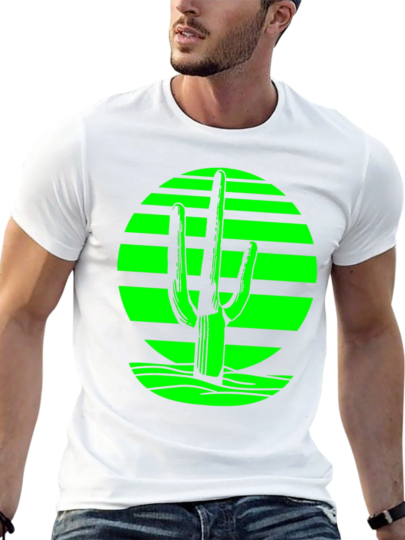 Black Retro Desert Cactus T-Shirt - Green on Black view 13