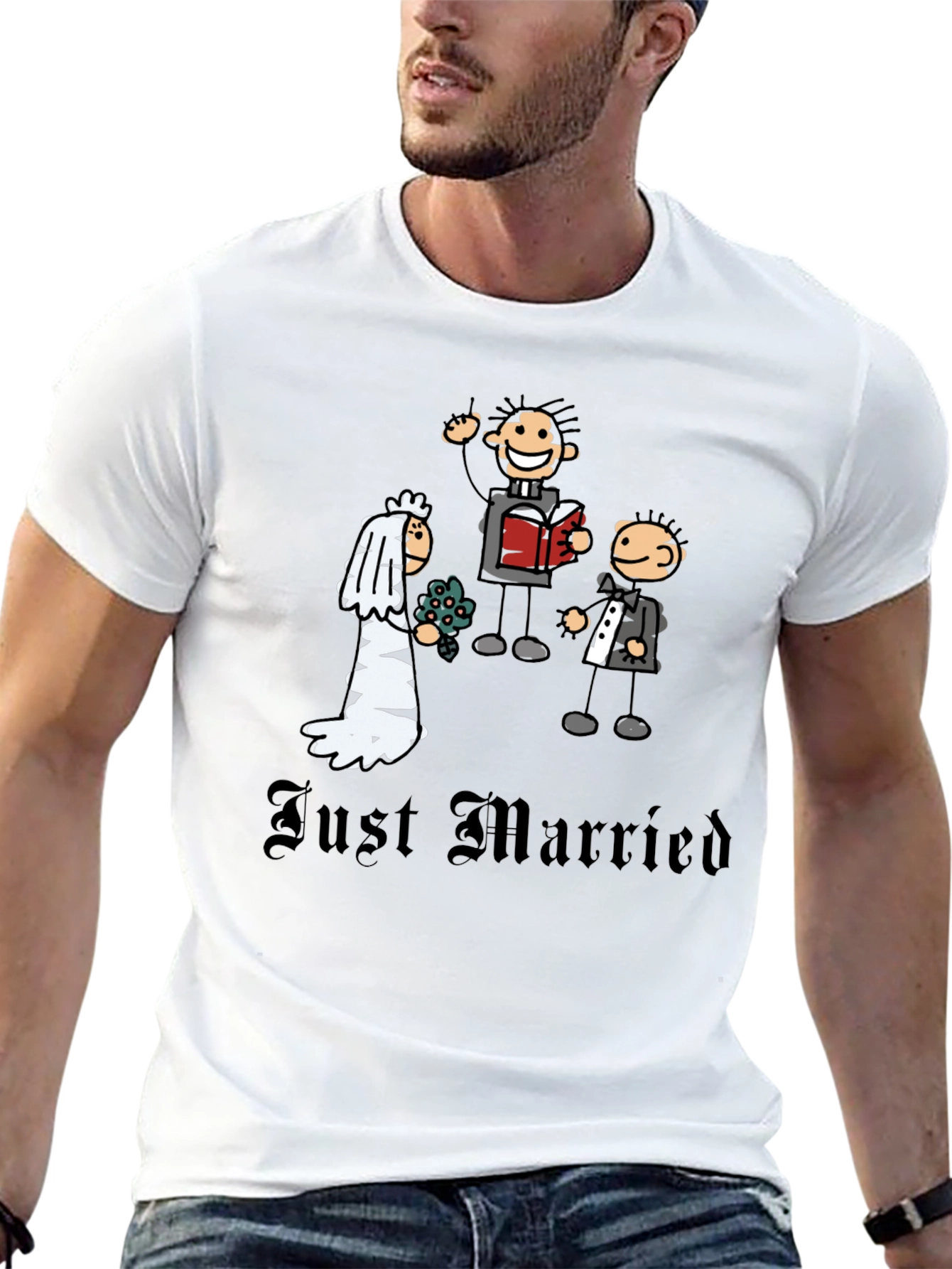 Black Just Married Cartoon Graphic T-Shirt - Novelty Wedding Tee view 13