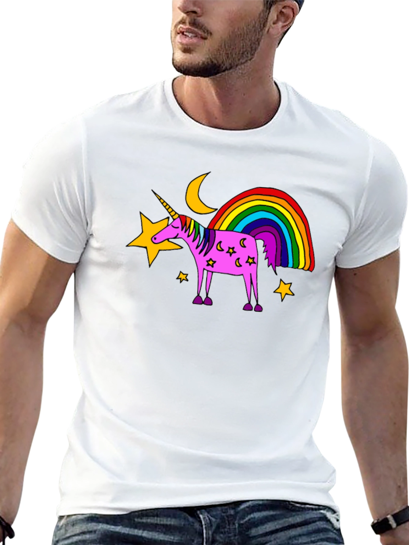 Black Unicorn Rainbow Graphic Tee - Black Cotton Casual Shirt view 13