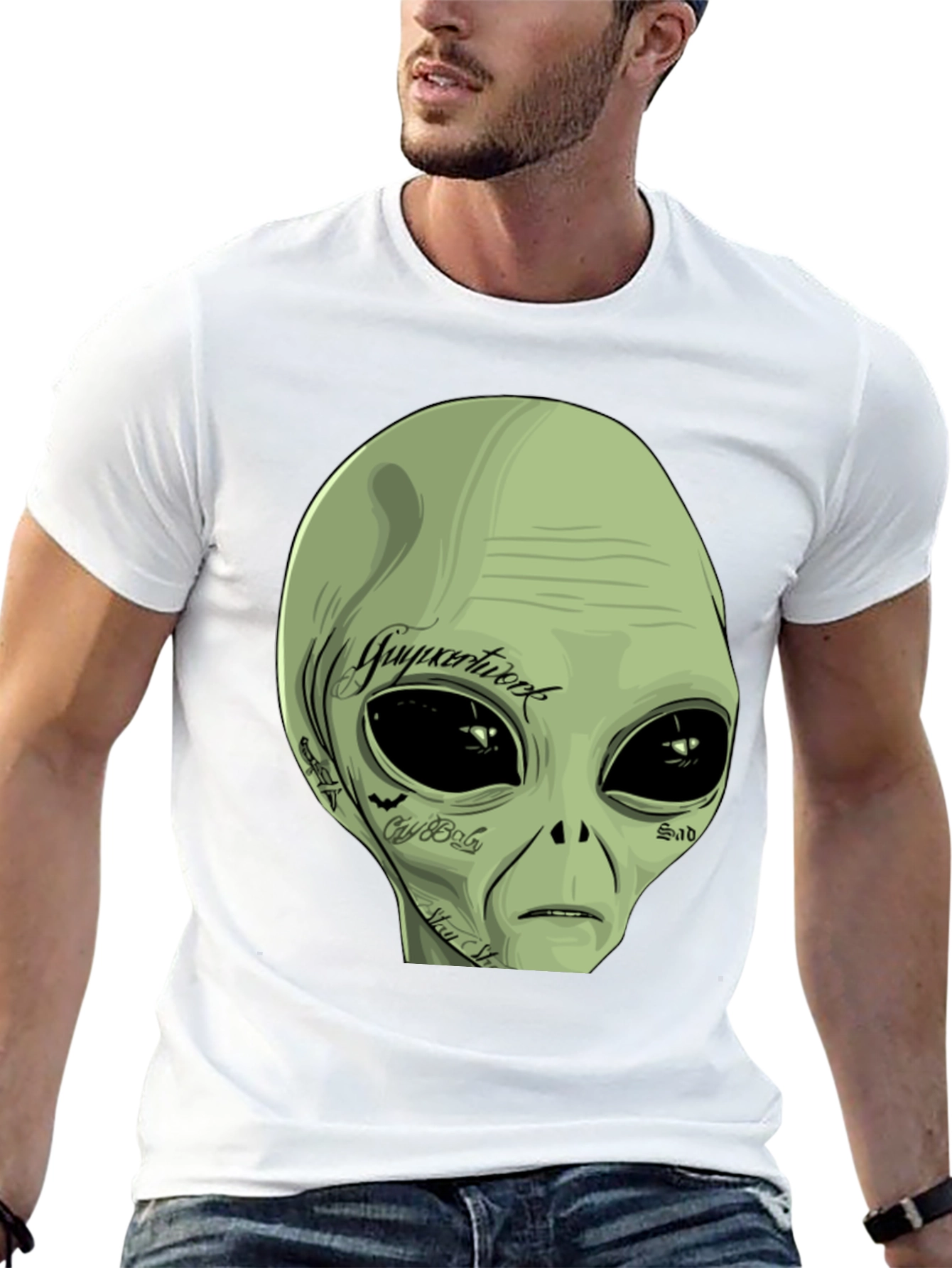 Black Tattooed Alien Graphic Tee - Black Cotton Casual T-Shirt view 13