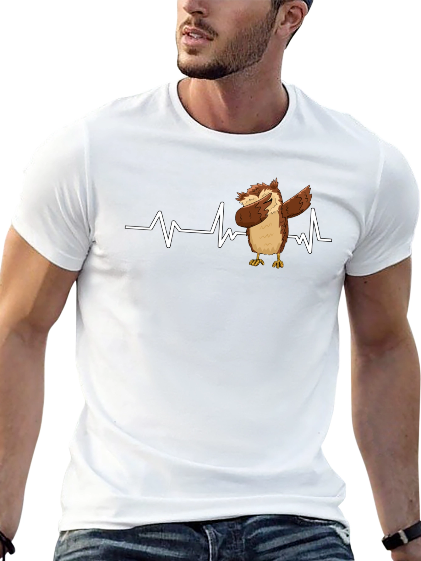 Black Dabbing Owl T-Shirt: Funny Bird Heartbeat Tee view 13