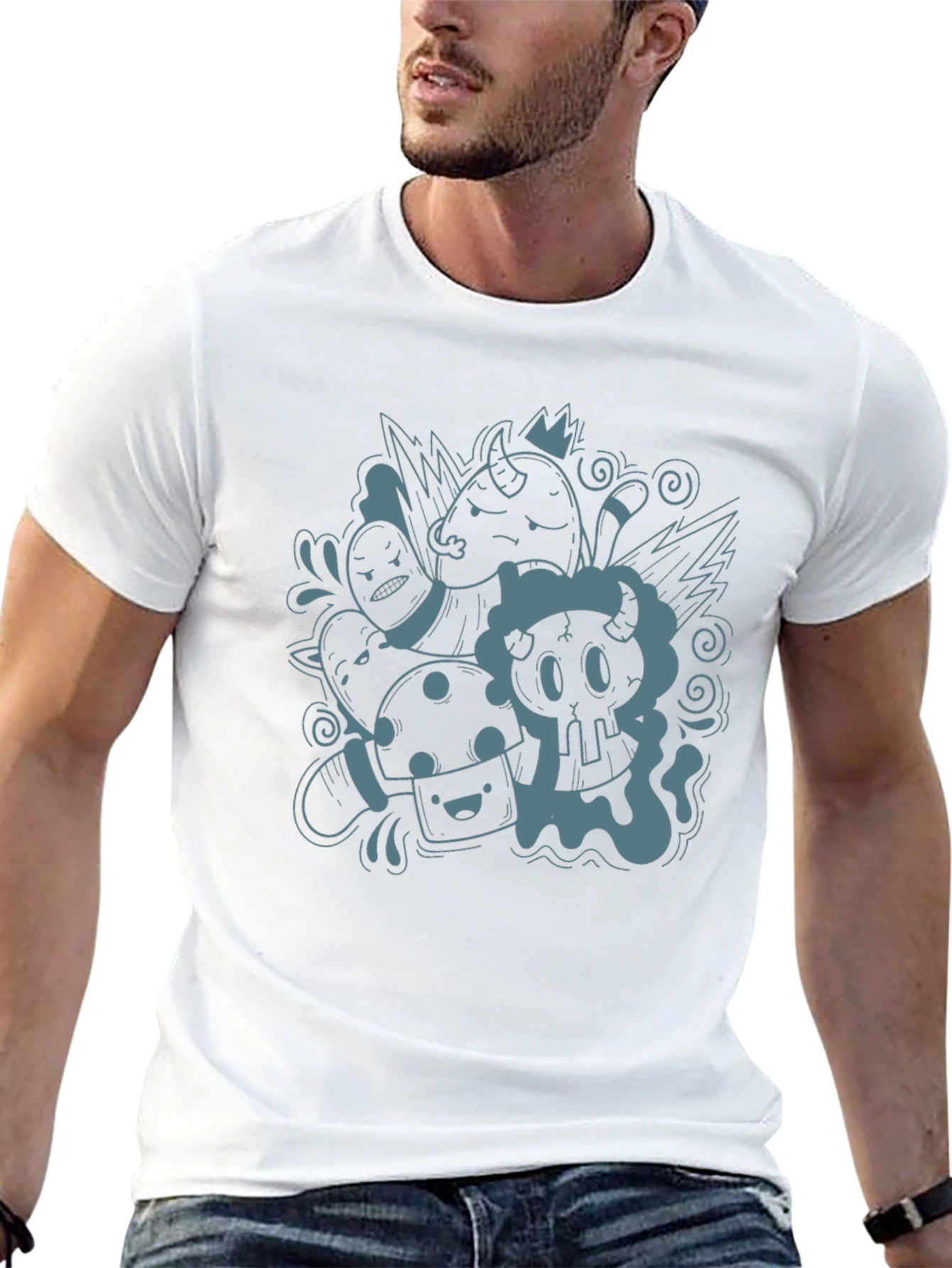 Black Funky Doodle Graphic Black T-Shirt - Unisex Casual Tee view 13