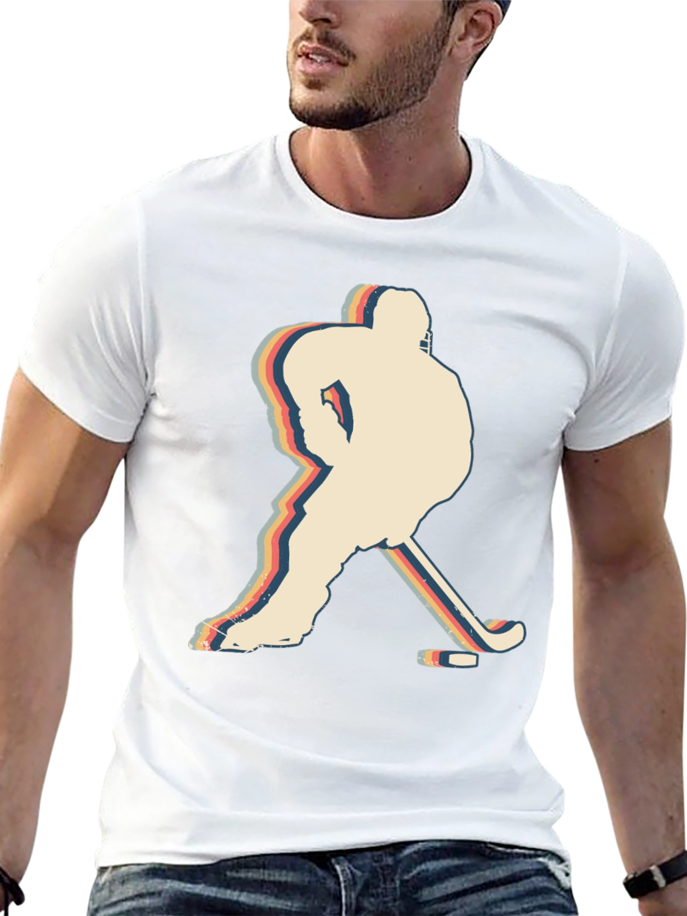 Black Retro Hockey Player Silhouette Graphic T-Shirt view 13