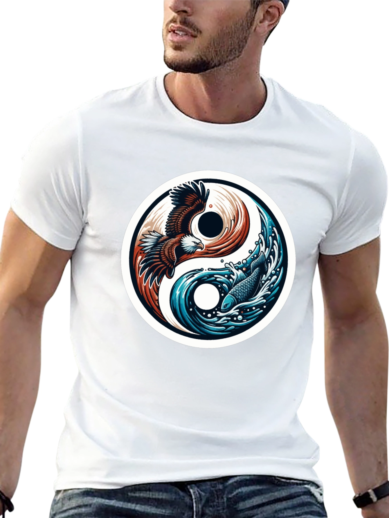 Black Yin Yang Eagle Fish Graphic Tee - Harmony & Style view 13