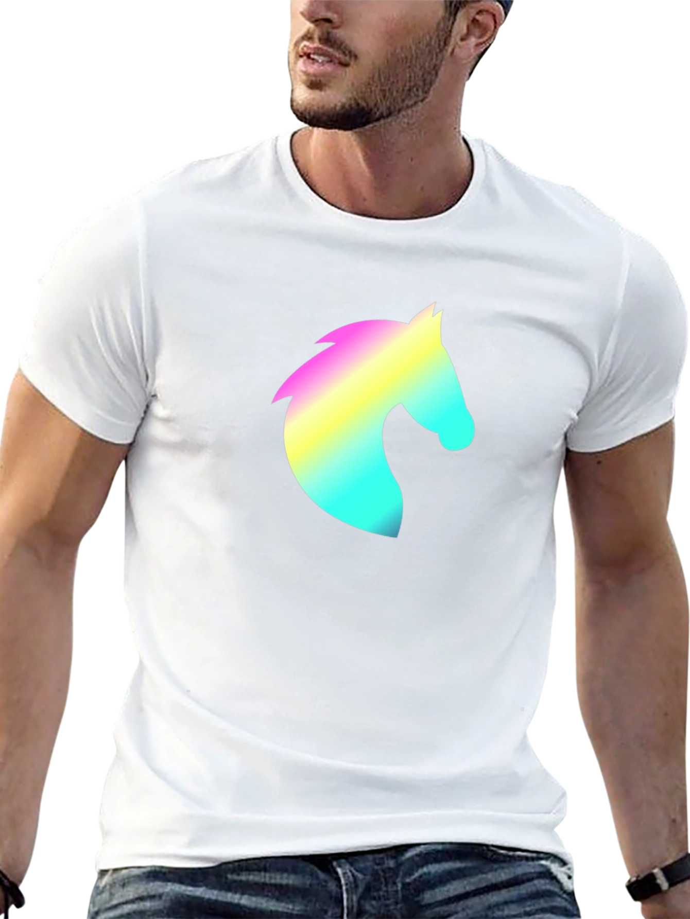 Black Men's Black T-Shirt with Rainbow Horse Head Design view 13