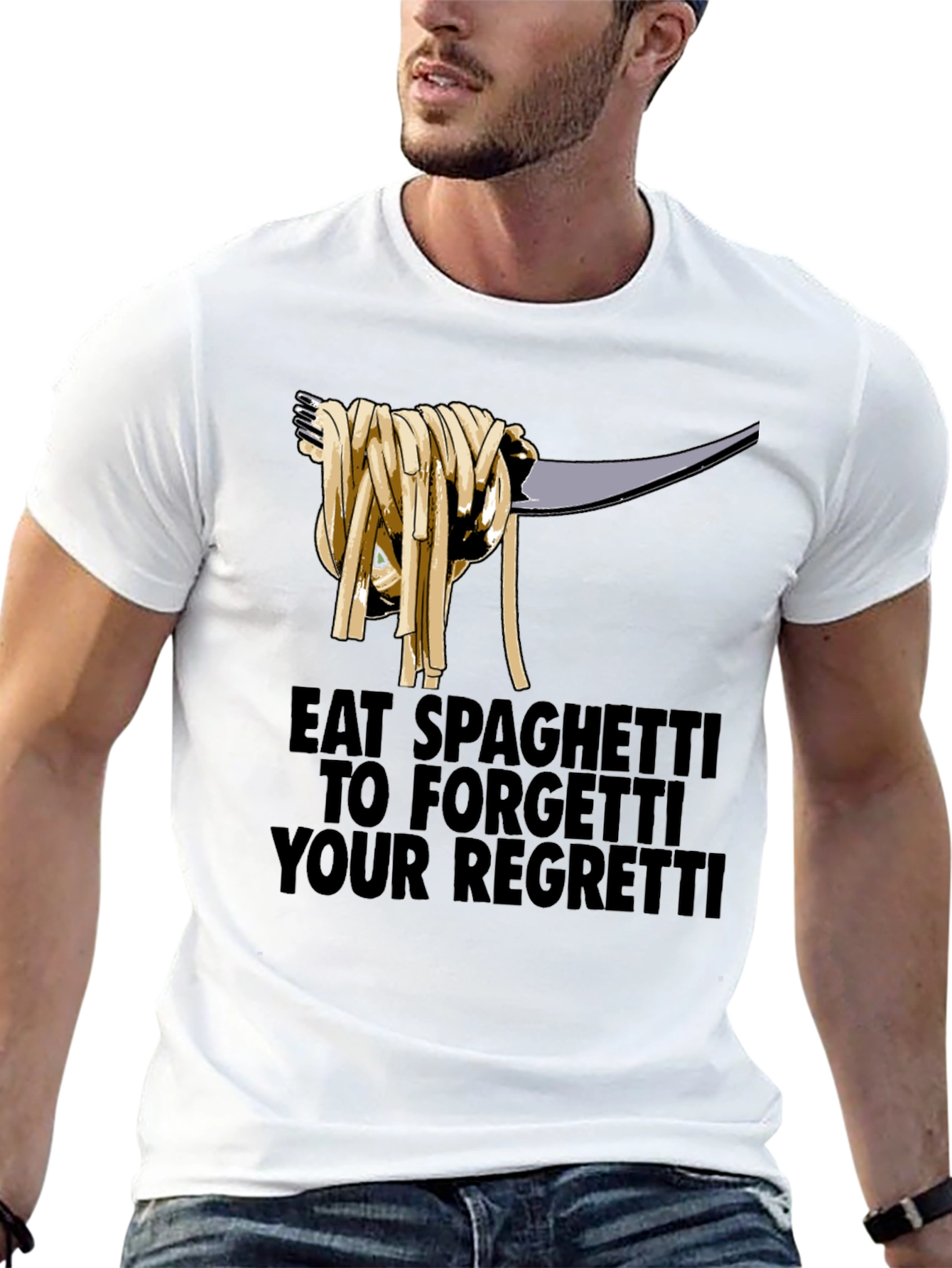 Black Eat Spaghetti To Forgetti Your Regretti T-Shirt view 13