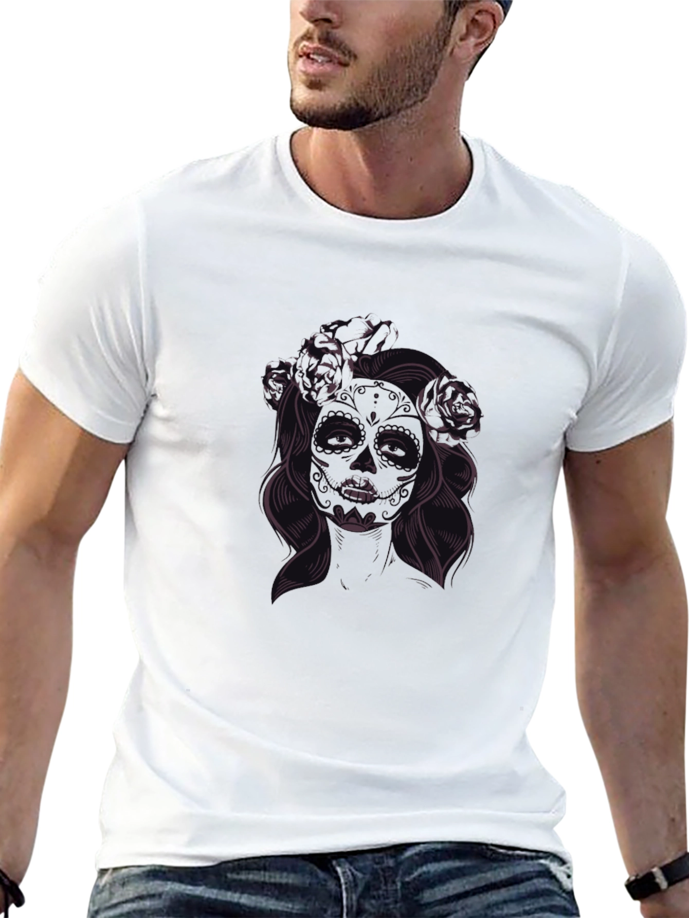 Black Black T-Shirt with Floral Skull Lady Graphic view 13